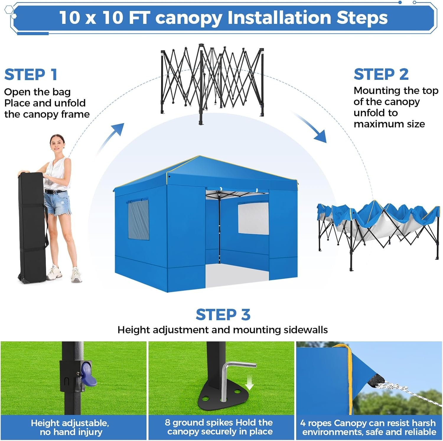 image:imageTOOLUCK Canopy Tent 10x10 Pop Up Canopy with Sidewalls and Rollup Ventilated Windows with Mosquito net Ez Outdoor Commercial Instant Gazebo Tent for Party Waterproof with CarrybagLight BLue1 year warranty