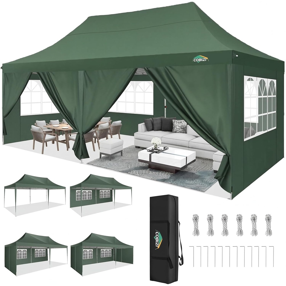 image:imageTOOLUCK Canopy Tent 10x10 Pop Up Canopy with Sidewalls and Rollup Ventilated Windows with Mosquito net Ez Outdoor Commercial Instant Gazebo Tent for Party Waterproof with CarrybagArmy Green