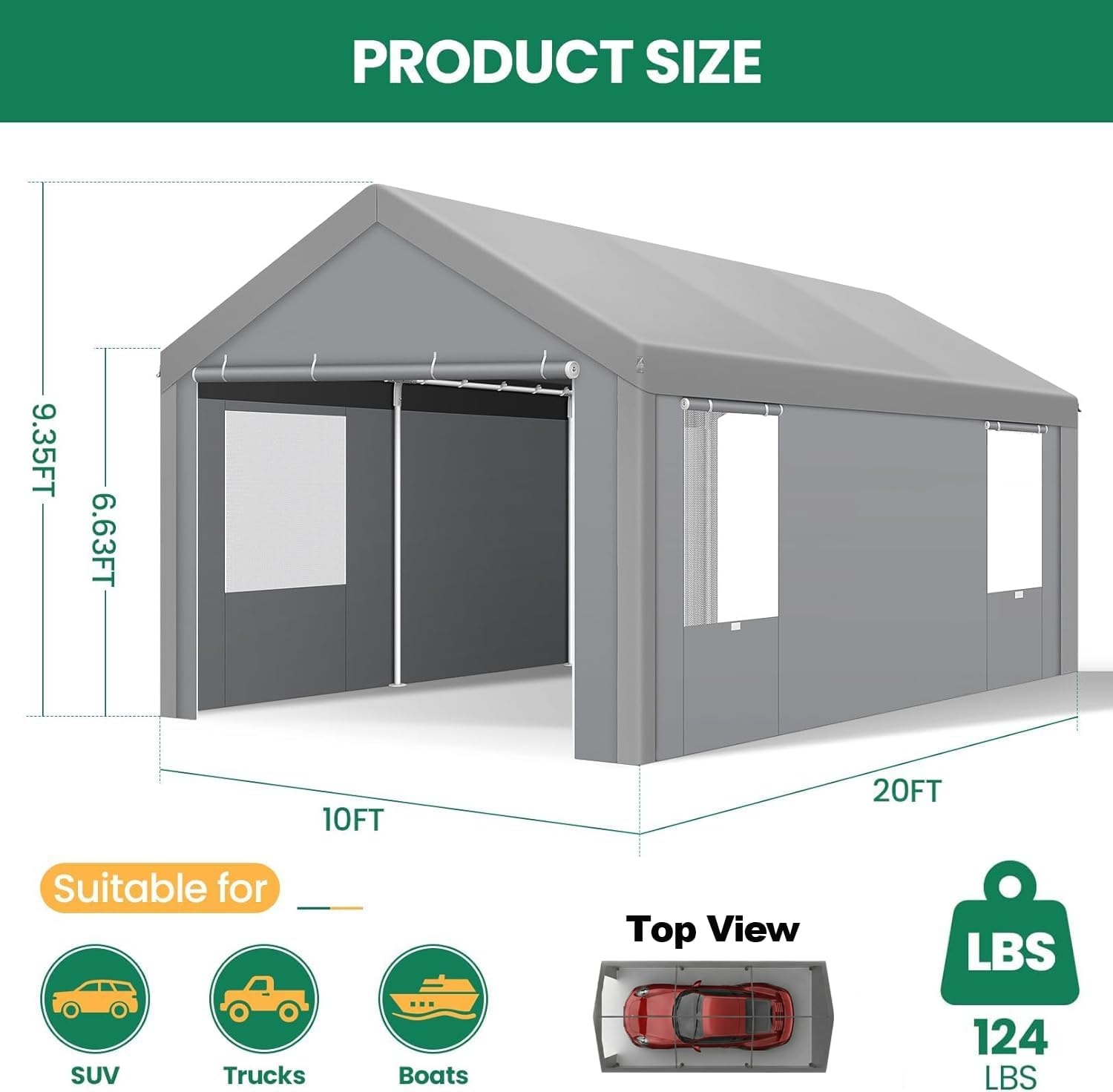 image:imageCOBIZI 10x20 Carport Heavy Duty Car Canopy Portable Garage Car Tent Garage Outdoor Shelter Upgrade Waterproof amp UV Protected with Windproof Ropes amp Builtin Sandbags for Cars Trucks and Boats Graylight Gray