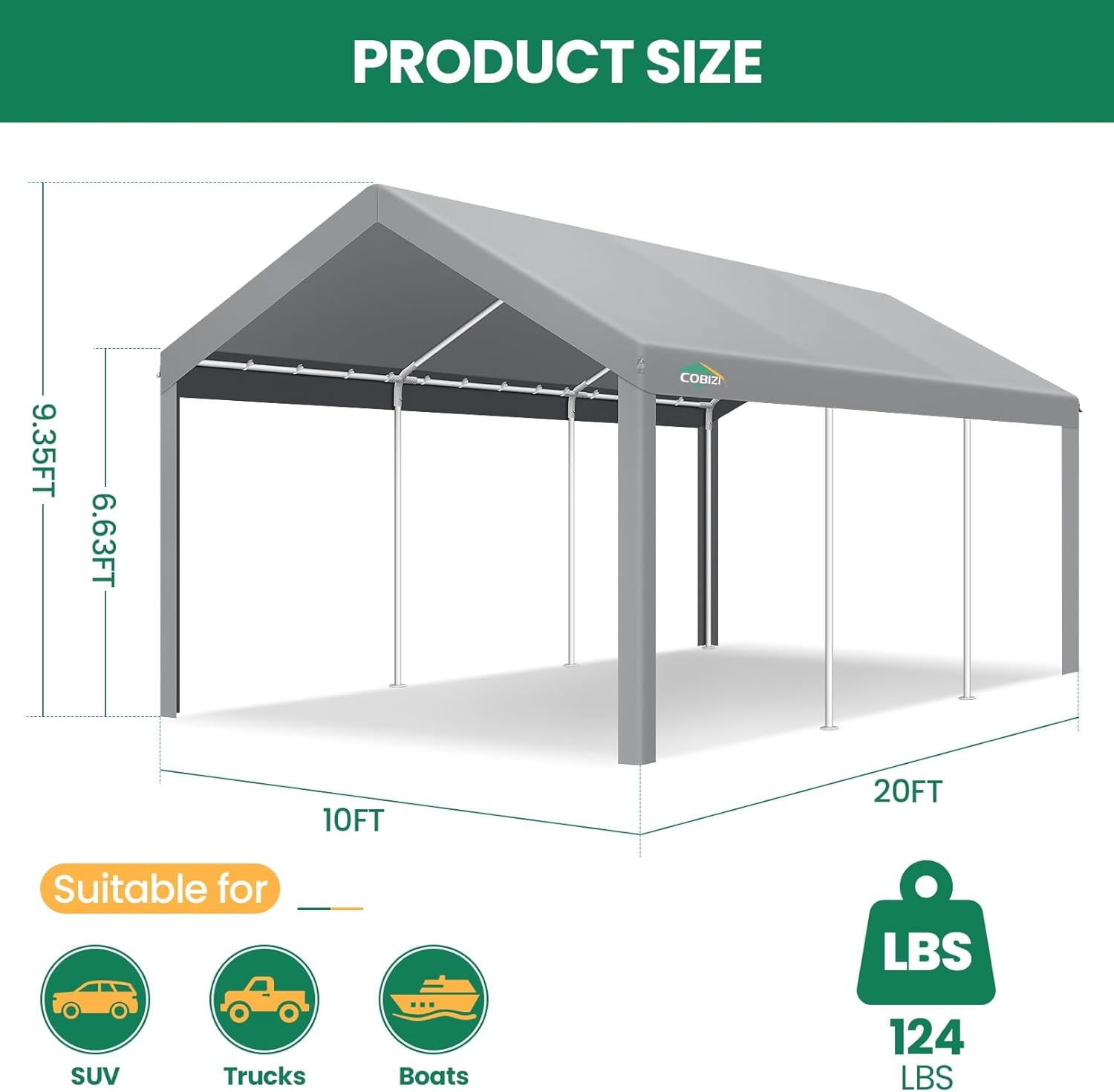 image:imageCOBIZI 10x20 Carport Heavy Duty Car Canopy Portable Garage Car Tent Garage Outdoor Shelter Upgrade Waterproof amp UV Protected with Windproof Ropes amp Builtin Sandbags for Cars Trucks and Boats GrayDark Grey