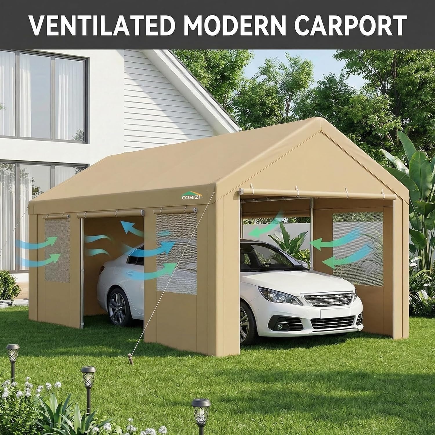 image:imageCOBIZI 10x20 Carport Heavy Duty Car Canopy Portable Garage Car Tent Garage Outdoor Shelter Upgrade Waterproof amp UV Protected with Windproof Ropes amp Builtin Sandbags for Cars Trucks and Boats GrayKhaki