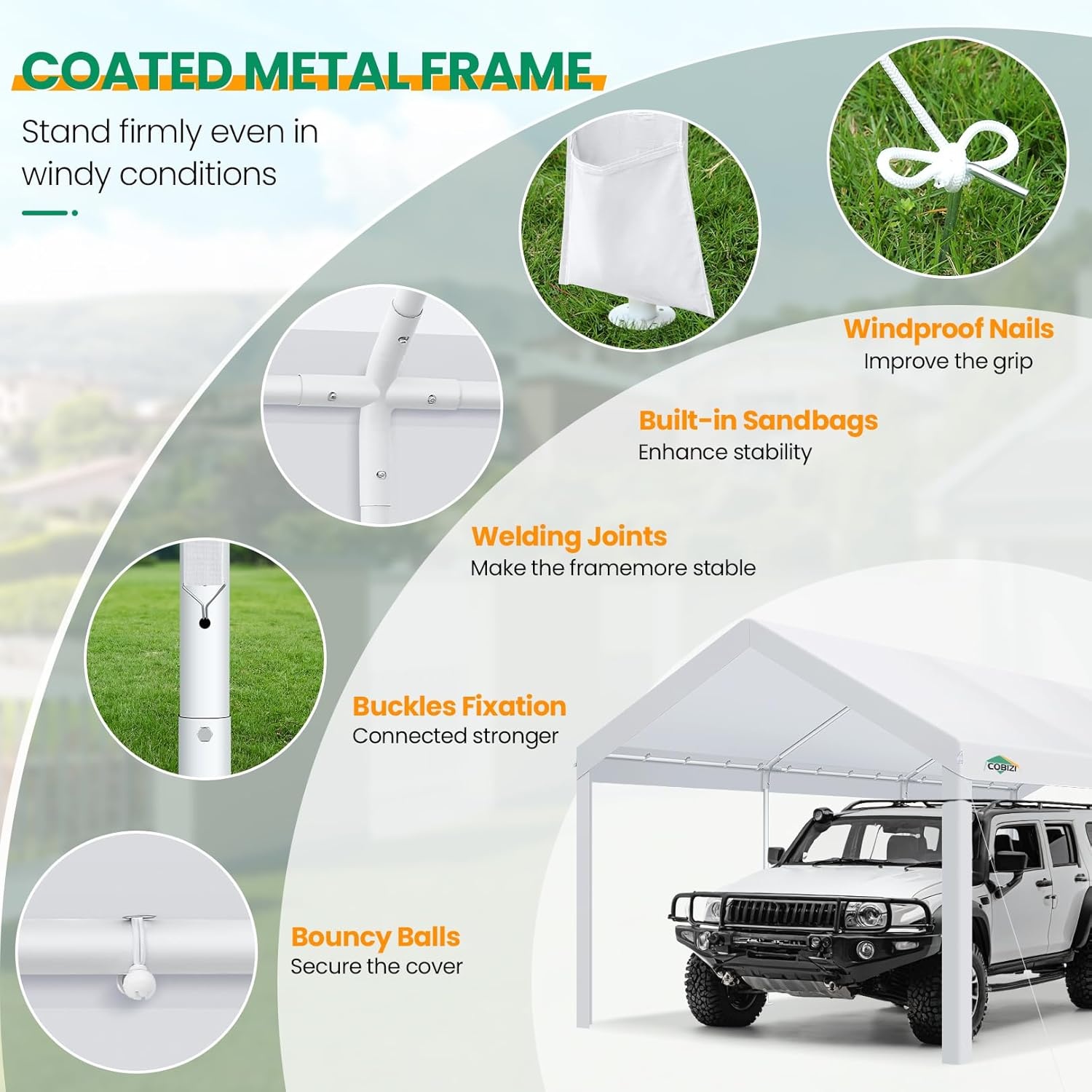 image:imageCOBIZI 10x20 Carport Heavy Duty Car Canopy Portable Garage Car Tent Garage Outdoor Shelter Upgrade Waterproof amp UV Protected with Windproof Ropes amp Builtin Sandbags for Cars Trucks and Boats GrayPure White