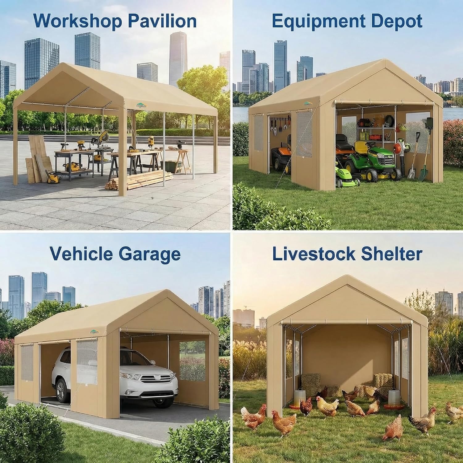 image:imageCOBIZI 10x20 Carport Heavy Duty Car Canopy Portable Garage Car Tent Garage Outdoor Shelter Upgrade Waterproof amp UV Protected with Windproof Ropes amp Builtin Sandbags for Cars Trucks and Boats GrayKhaki