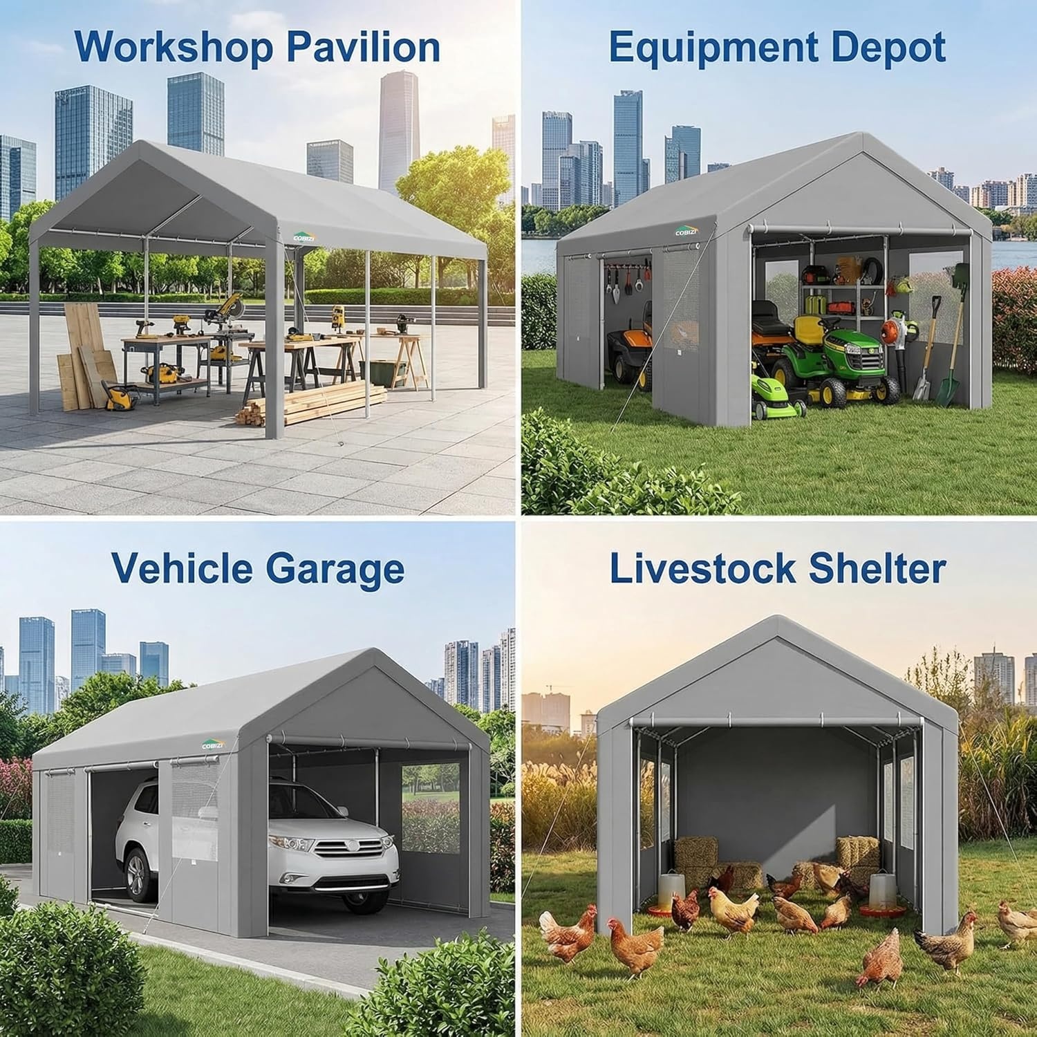 image:imageCOBIZI 10x20 Carport Heavy Duty Car Canopy Portable Garage Car Tent Garage Outdoor Shelter Upgrade Waterproof amp UV Protected with Windproof Ropes amp Builtin Sandbags for Cars Trucks and Boats GrayGray