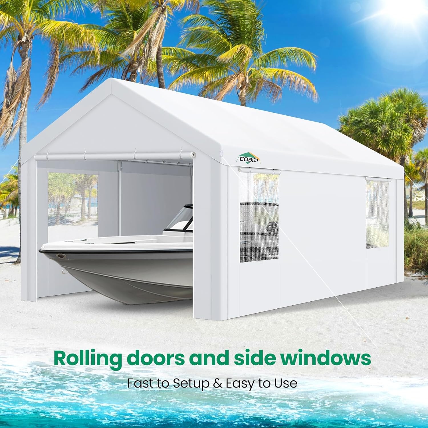 image:imageCOBIZI 10x20 Carport Heavy Duty Car Canopy Portable Garage Car Tent Garage Outdoor Shelter Upgrade Waterproof amp UV Protected with Windproof Ropes amp Builtin Sandbags for Cars Trucks and Boats Graysnowy white