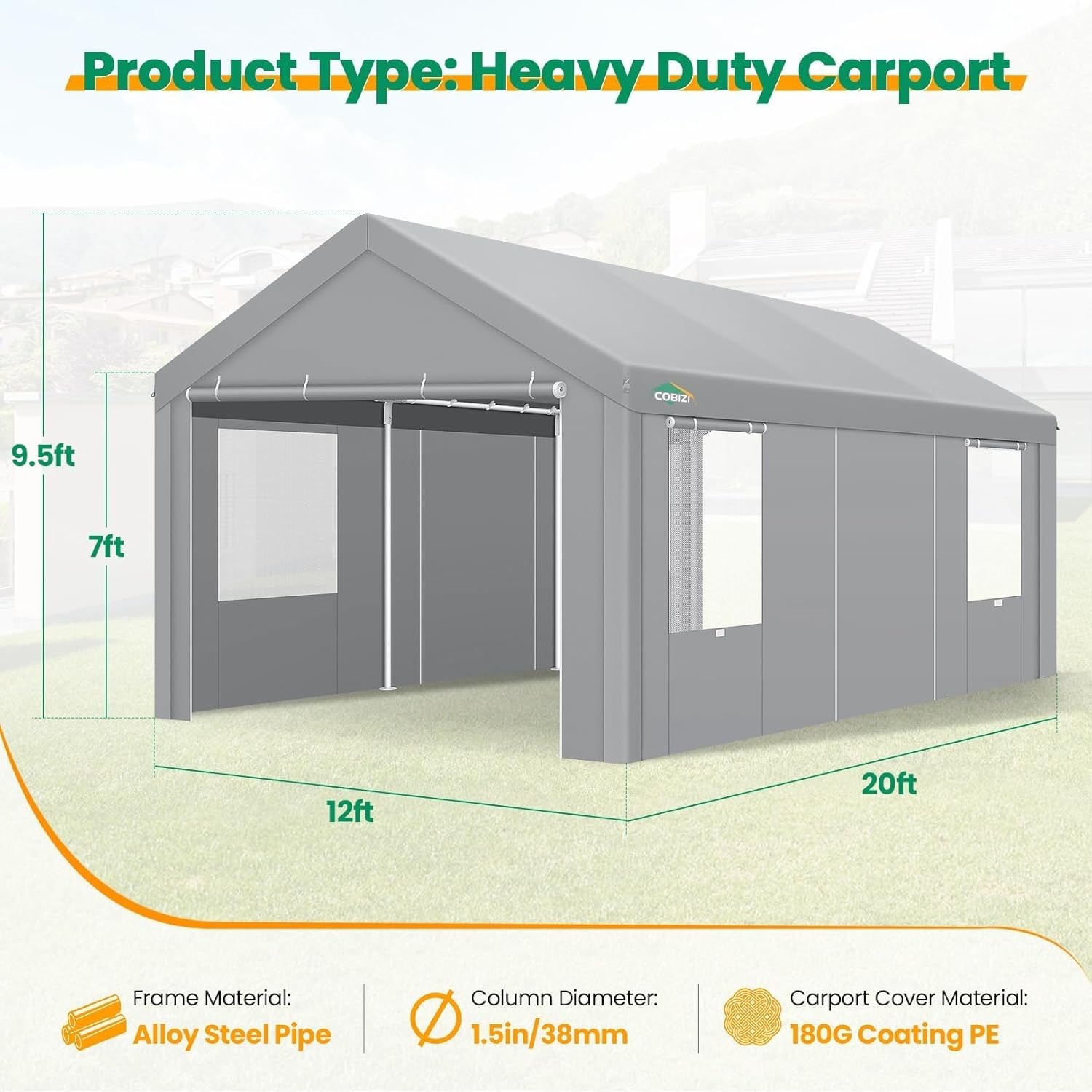 image:imageCOBIZI 10x20 Carport Heavy Duty Car Canopy Portable Garage Car Tent Garage Outdoor Shelter Upgrade Waterproof amp UV Protected with Windproof Ropes amp Builtin Sandbags for Cars Trucks and Boats GrayGray