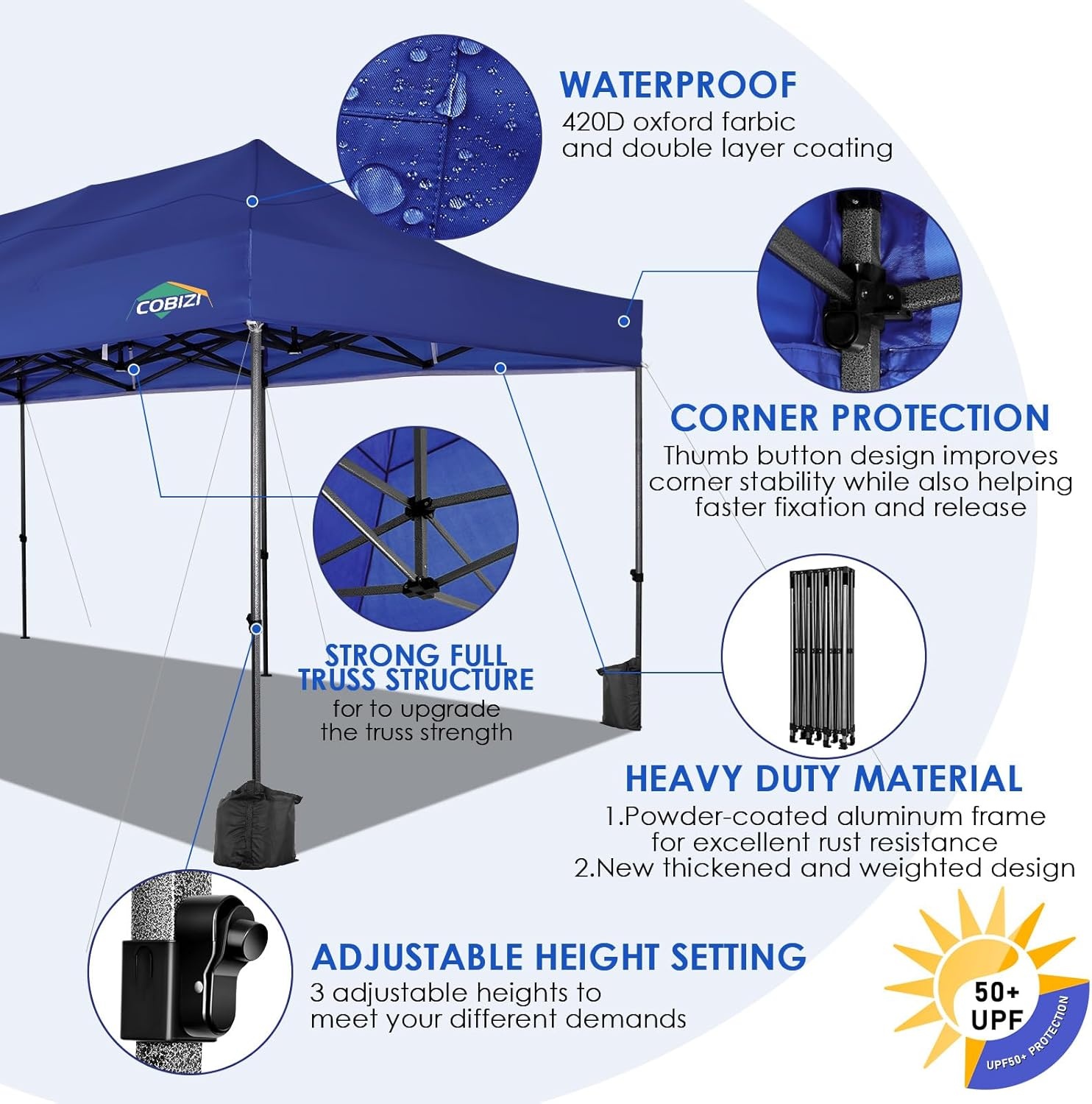 image:imageCOBIZI 10x20 Carport Heavy Duty Car Canopy Portable Garage Car Tent Garage Outdoor Shelter Upgrade Waterproof amp UV Protected with Windproof Ropes amp Builtin Sandbags for Cars Trucks and Boats GrayNavy Blue