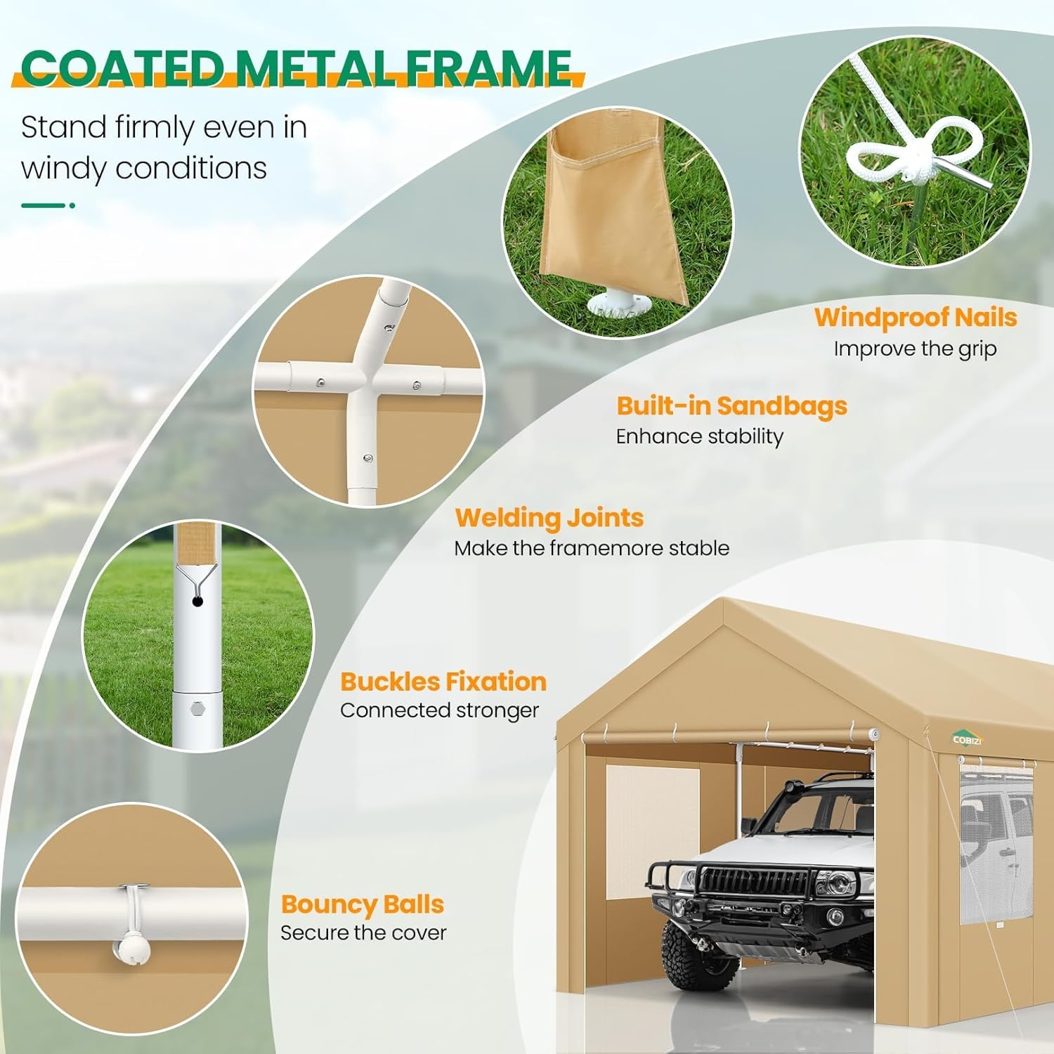 image:imageCOBIZI 10x20 Carport Heavy Duty Car Canopy Portable Garage Car Tent Garage Outdoor Shelter Upgrade Waterproof amp UV Protected with Windproof Ropes amp Builtin Sandbags for Cars Trucks and Boats GrayKhaki