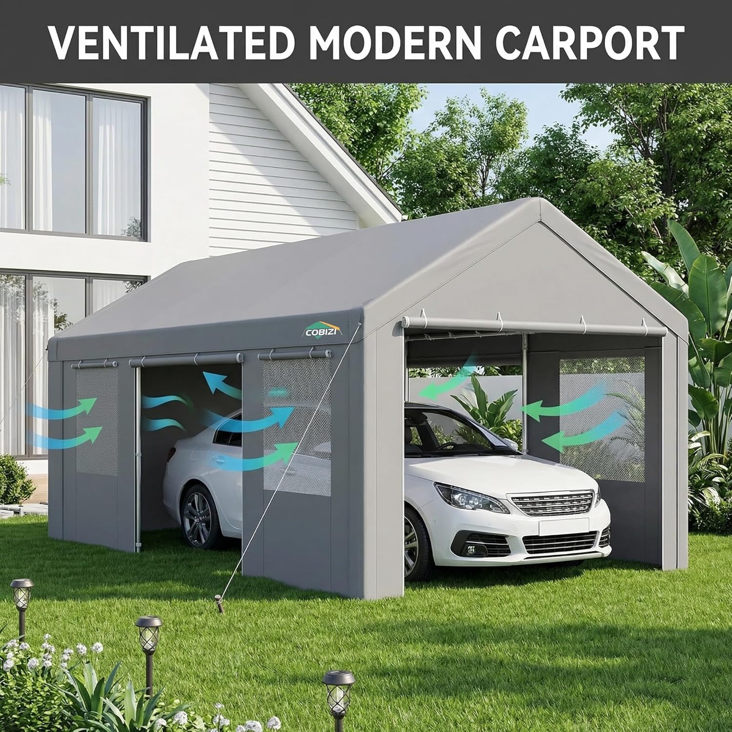image:imageCOBIZI 10x20 Carport Heavy Duty Car Canopy Portable Garage Car Tent Garage Outdoor Shelter Upgrade Waterproof amp UV Protected with Windproof Ropes amp Builtin Sandbags for Cars Trucks and Boats GrayGray
