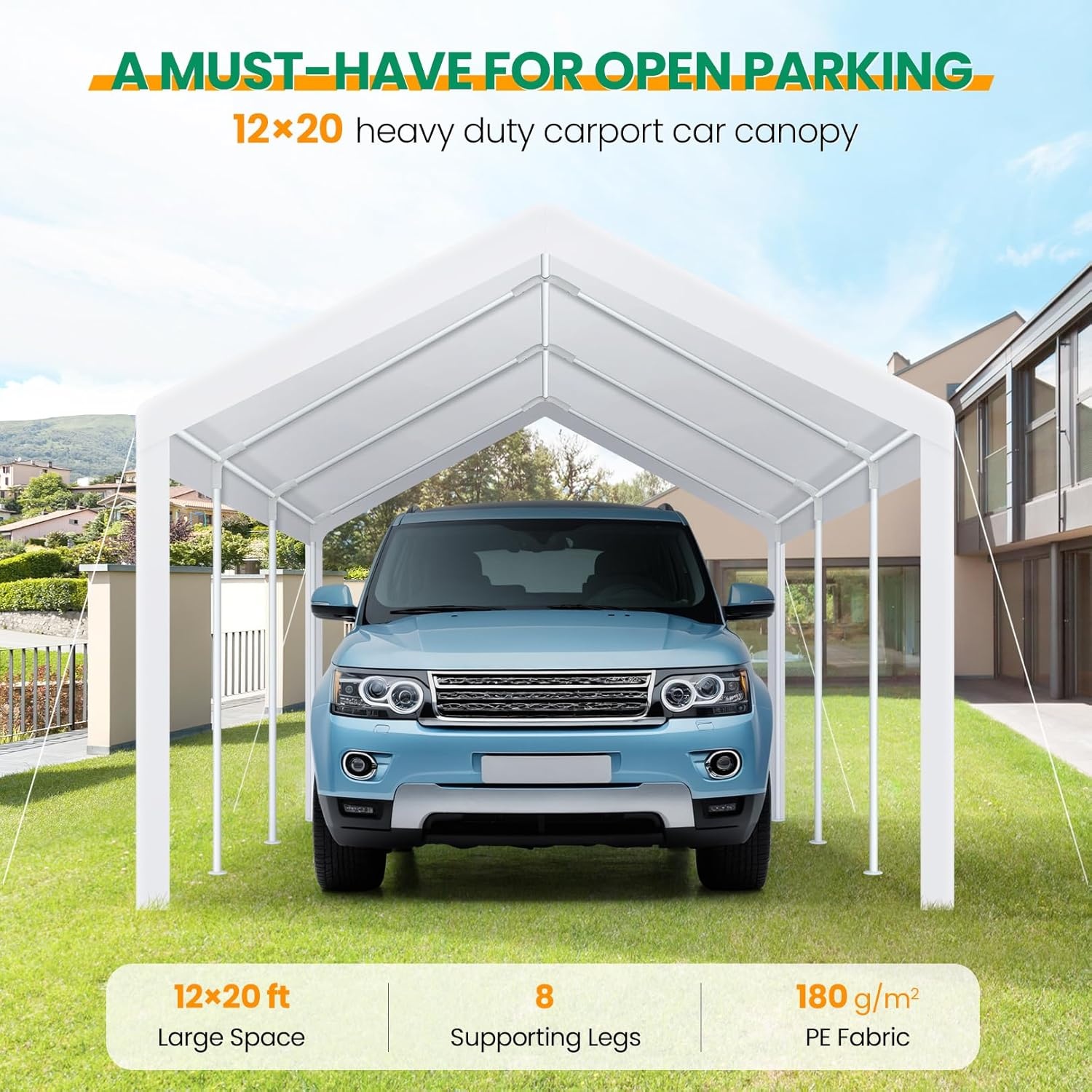 image:imageCOBIZI 10x20 Carport Heavy Duty Car Canopy Portable Garage Car Tent Garage Outdoor Shelter Upgrade Waterproof amp UV Protected with Windproof Ropes amp Builtin Sandbags for Cars Trucks and Boats GrayPure White