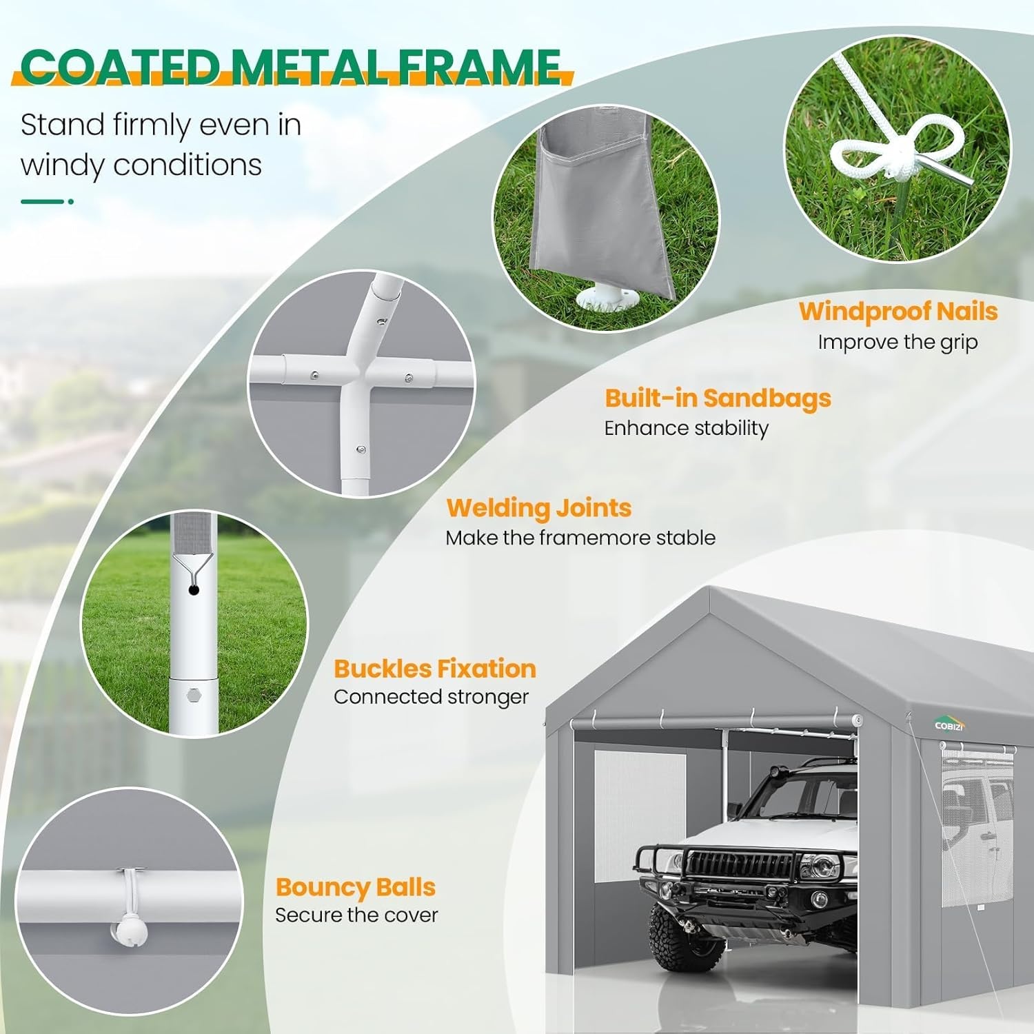 image:imageCOBIZI 10x20 Carport Heavy Duty Car Canopy Portable Garage Car Tent Garage Outdoor Shelter Upgrade Waterproof amp UV Protected with Windproof Ropes amp Builtin Sandbags for Cars Trucks and Boats GrayGray