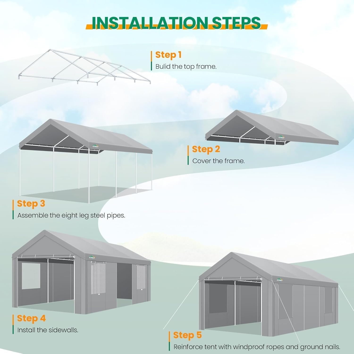 image:imageCOBIZI 10x20 Carport Heavy Duty Car Canopy Portable Garage Car Tent Garage Outdoor Shelter Upgrade Waterproof amp UV Protected with Windproof Ropes amp Builtin Sandbags for Cars Trucks and Boats GrayGray