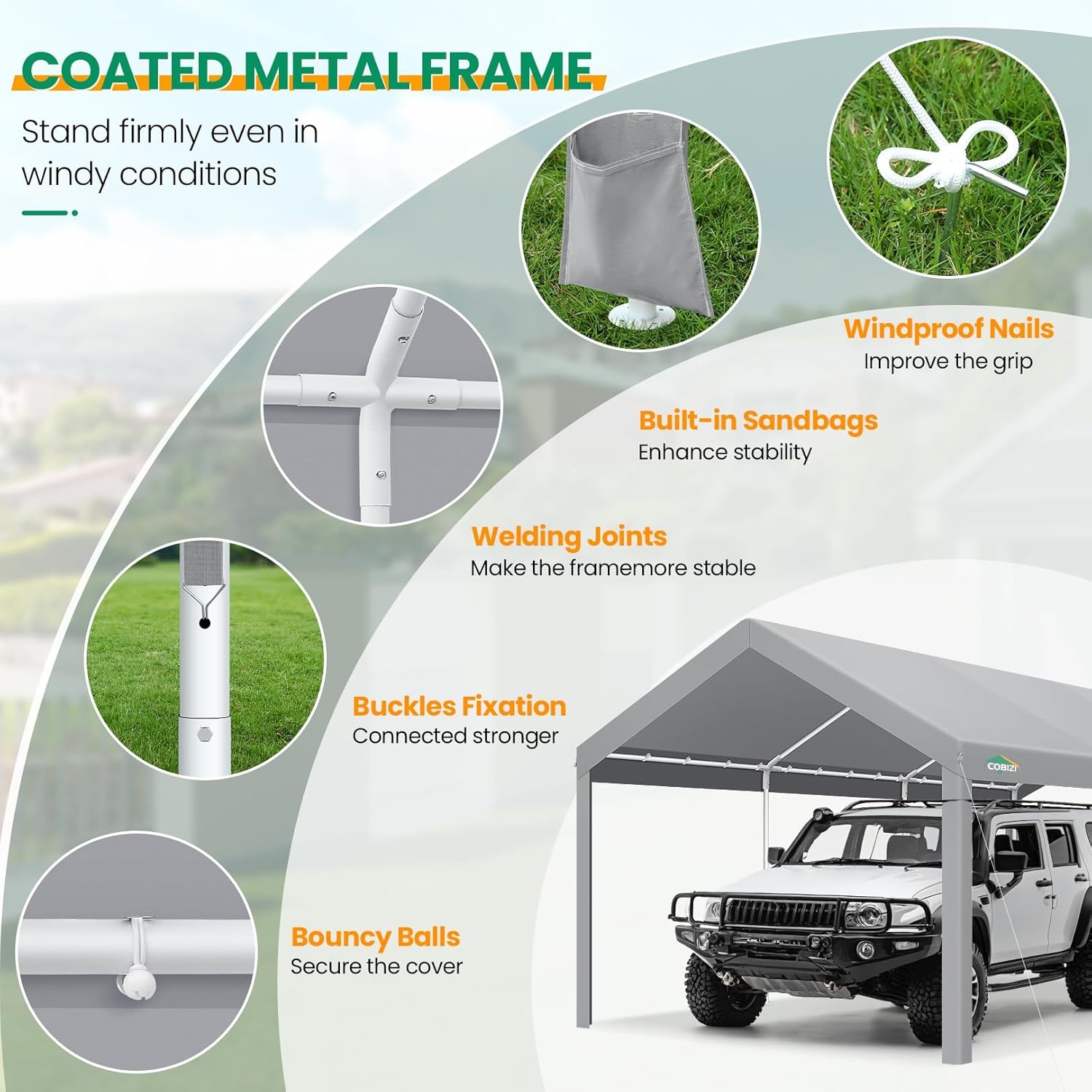 image:imageCOBIZI 10x20 Carport Heavy Duty Car Canopy Portable Garage Car Tent Garage Outdoor Shelter Upgrade Waterproof amp UV Protected with Windproof Ropes amp Builtin Sandbags for Cars Trucks and Boats GrayDark Grey