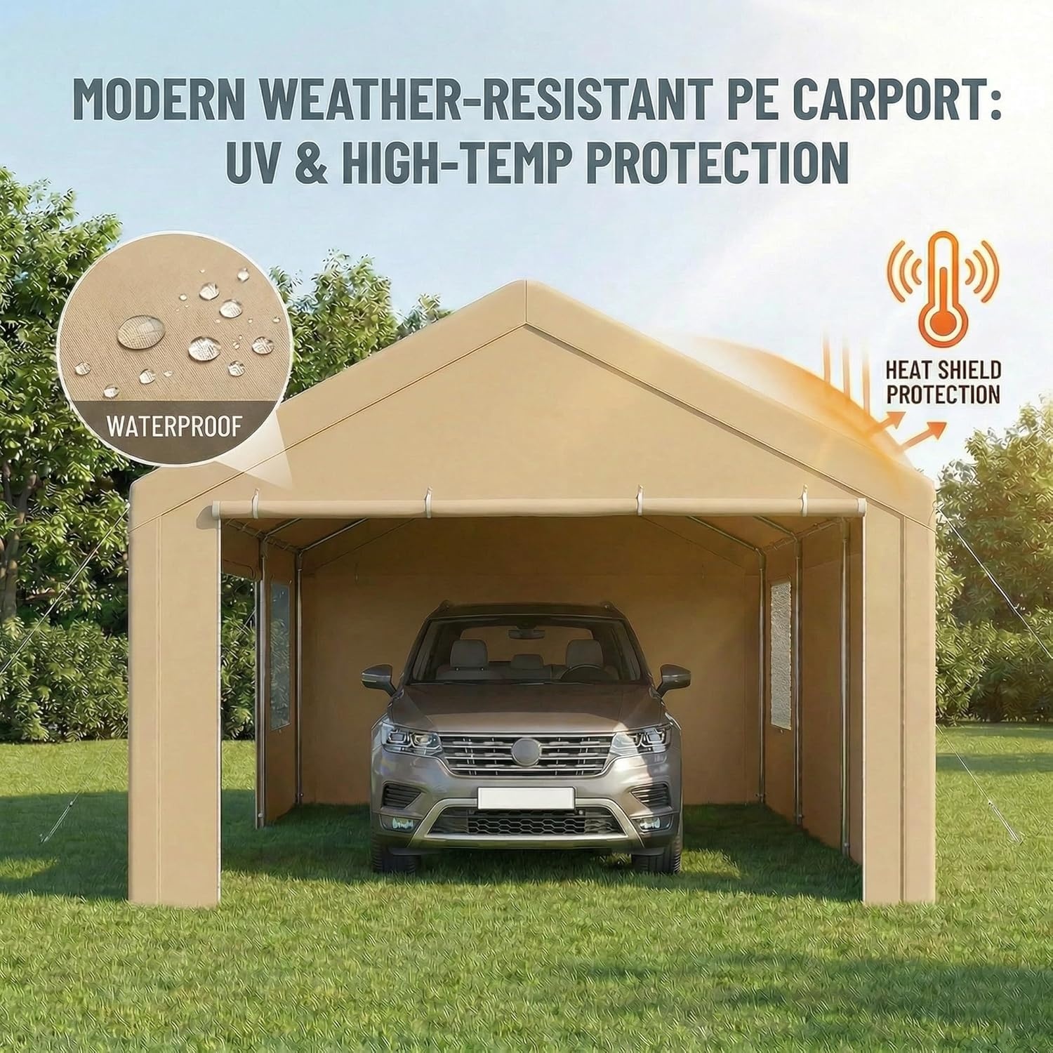 image:imageCOBIZI 10x20 Carport Heavy Duty Car Canopy Portable Garage Car Tent Garage Outdoor Shelter Upgrade Waterproof amp UV Protected with Windproof Ropes amp Builtin Sandbags for Cars Trucks and Boats GrayKhaki