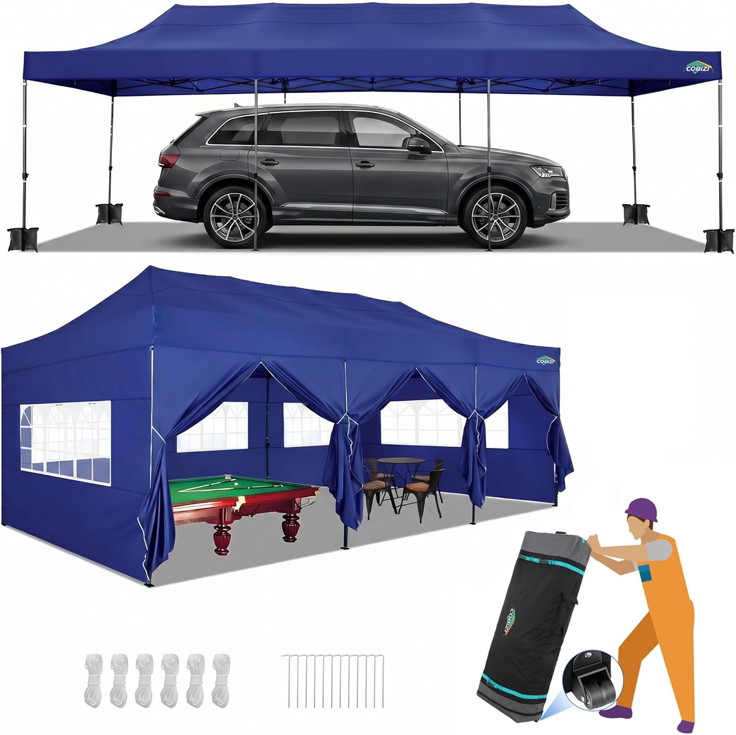 image:imageCOBIZI 10x20 Carport Heavy Duty Car Canopy Portable Garage Car Tent Garage Outdoor Shelter Upgrade Waterproof amp UV Protected with Windproof Ropes amp Builtin Sandbags for Cars Trucks and Boats GrayNavy Blue