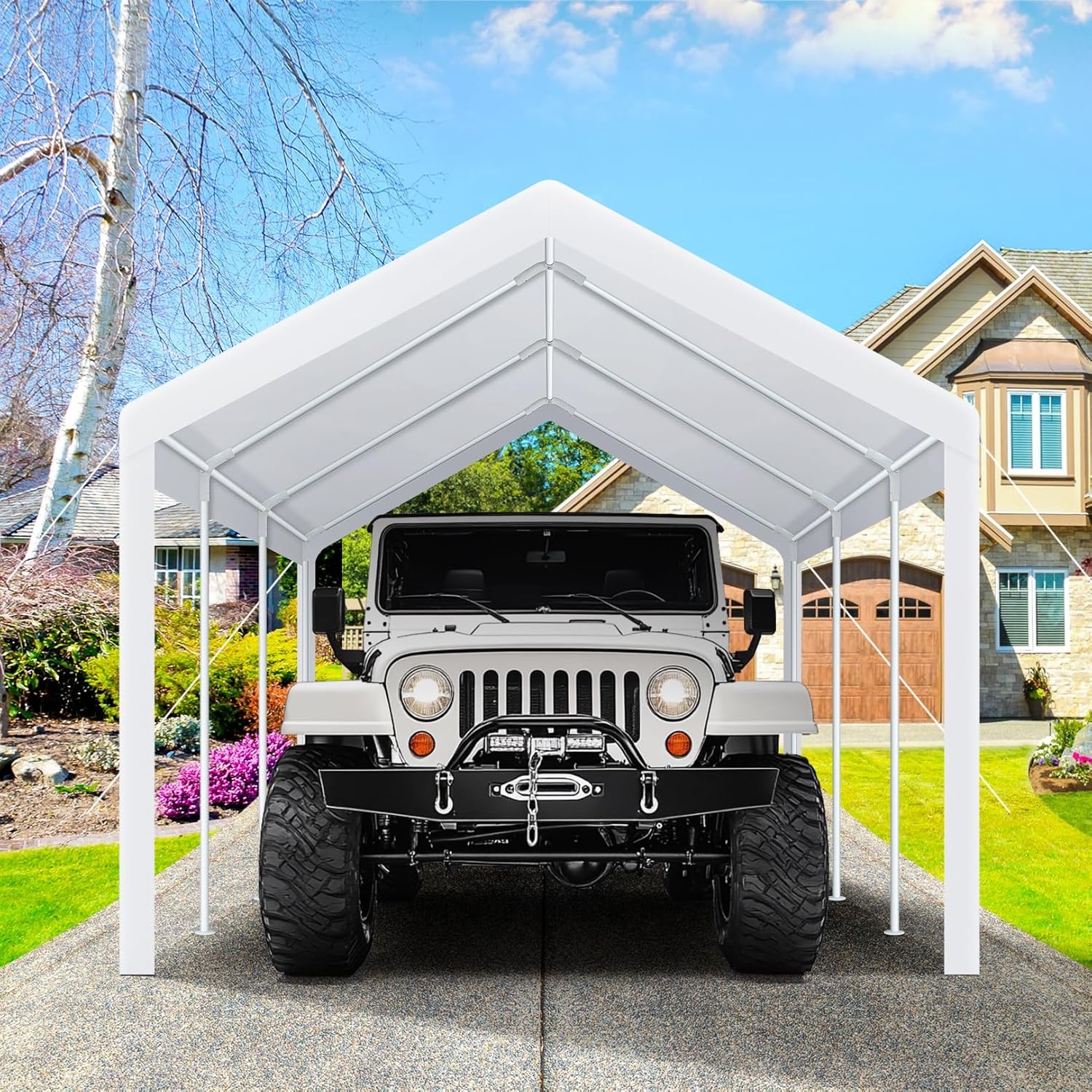 image:imageCOBIZI 10x20 Carport Heavy Duty Car Canopy Portable Garage Car Tent Garage Outdoor Shelter Upgrade Waterproof amp UV Protected with Windproof Ropes amp Builtin Sandbags for Cars Trucks and Boats GrayPure White