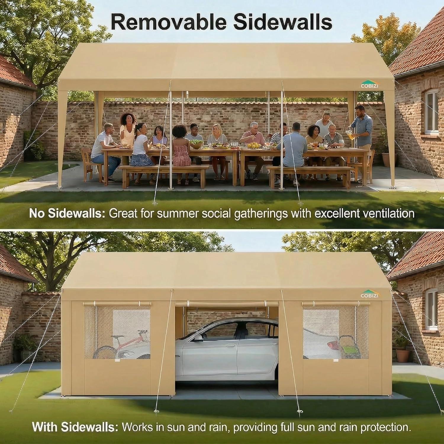 image:imageCOBIZI 10x20 Carport Heavy Duty Car Canopy Portable Garage Car Tent Garage Outdoor Shelter Upgrade Waterproof amp UV Protected with Windproof Ropes amp Builtin Sandbags for Cars Trucks and Boats GrayKhaki