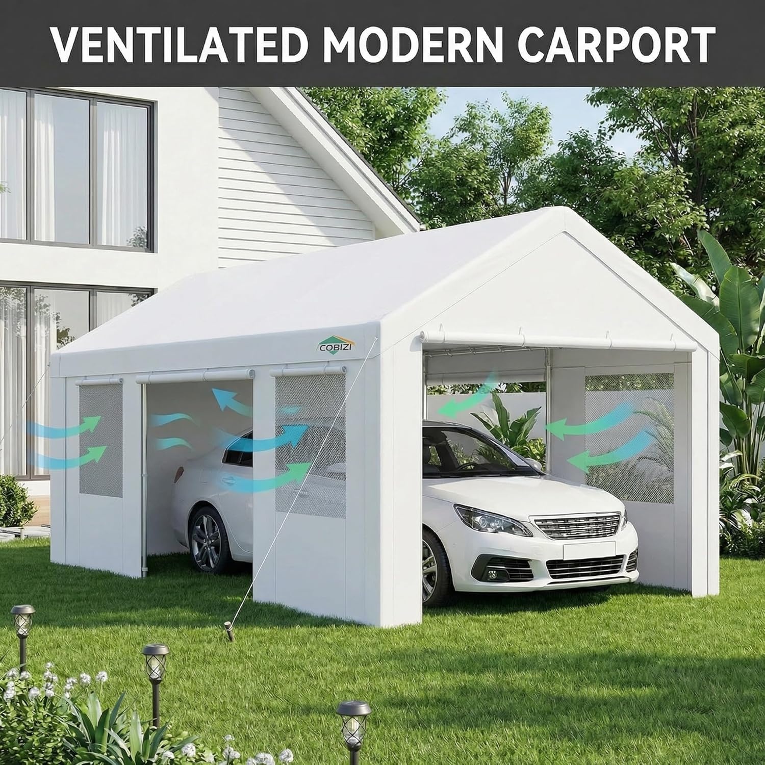 image:imageCOBIZI 10x20 Carport Heavy Duty Car Canopy Portable Garage Car Tent Garage Outdoor Shelter Upgrade Waterproof amp UV Protected with Windproof Ropes amp Builtin Sandbags for Cars Trucks and Boats GrayWhite