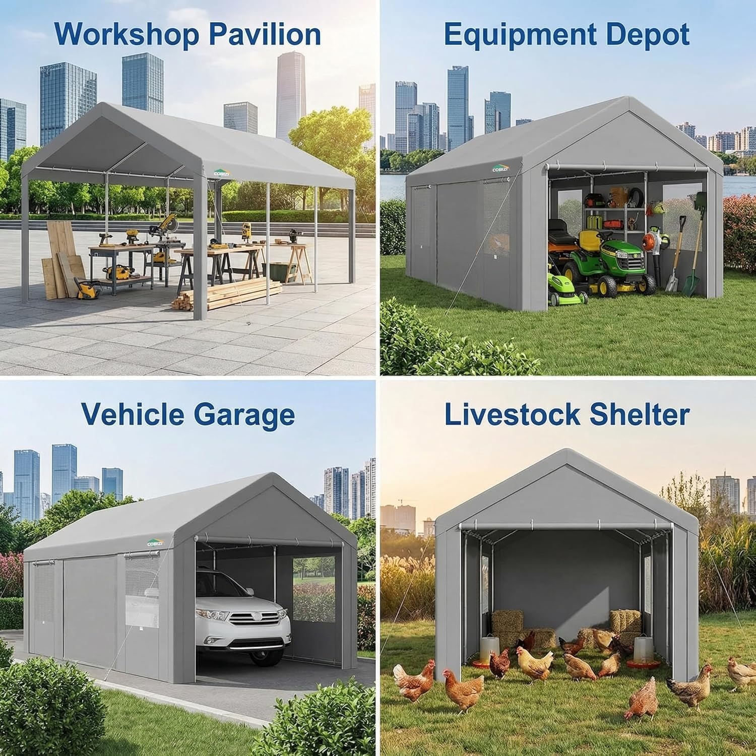 image:imageCOBIZI 10x20 Carport Heavy Duty Car Canopy Portable Garage Car Tent Garage Outdoor Shelter Upgrade Waterproof amp UV Protected with Windproof Ropes amp Builtin Sandbags for Cars Trucks and Boats Graylight Gray