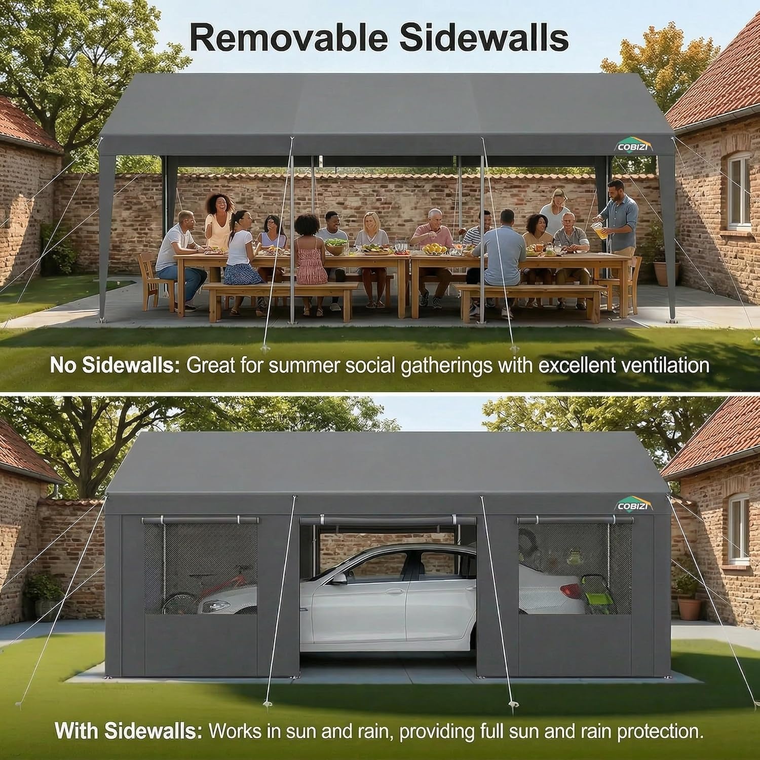 image:imageCOBIZI 10x20 Carport Heavy Duty Car Canopy Portable Garage Car Tent Garage Outdoor Shelter Upgrade Waterproof amp UV Protected with Windproof Ropes amp Builtin Sandbags for Cars Trucks and Boats GrayGray