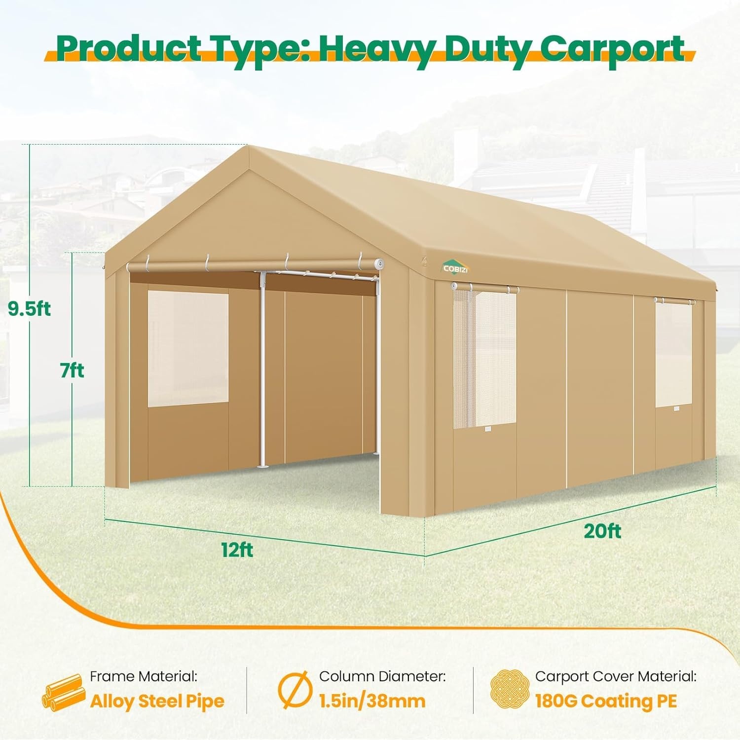 image:imageCOBIZI 10x20 Carport Heavy Duty Car Canopy Portable Garage Car Tent Garage Outdoor Shelter Upgrade Waterproof amp UV Protected with Windproof Ropes amp Builtin Sandbags for Cars Trucks and Boats GrayKhaki