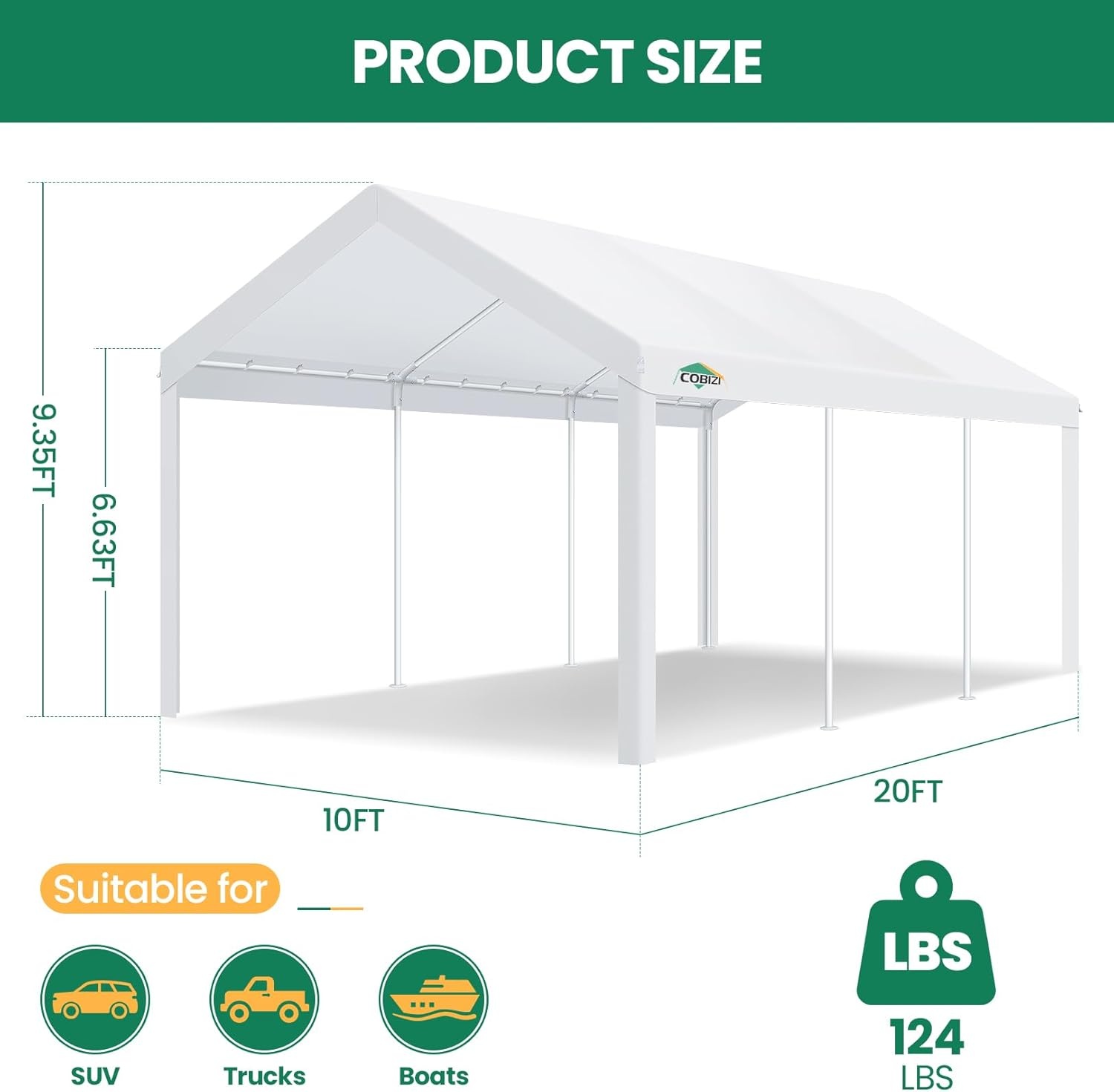 image:imageCOBIZI 10x20 Carport Heavy Duty Car Canopy Portable Garage Car Tent Garage Outdoor Shelter Upgrade Waterproof amp UV Protected with Windproof Ropes amp Builtin Sandbags for Cars Trucks and Boats GrayPure White