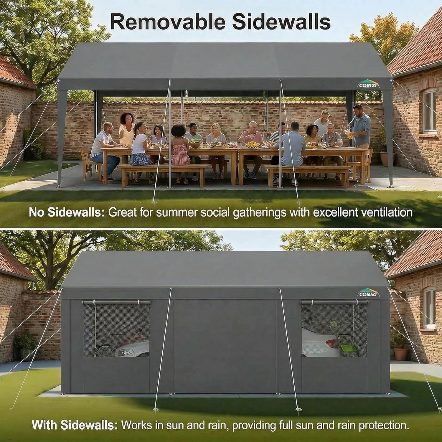 image:imageCOBIZI 10x20 Carport Heavy Duty Car Canopy Portable Garage Car Tent Garage Outdoor Shelter Upgrade Waterproof amp UV Protected with Windproof Ropes amp Builtin Sandbags for Cars Trucks and Boats Graylight Gray
