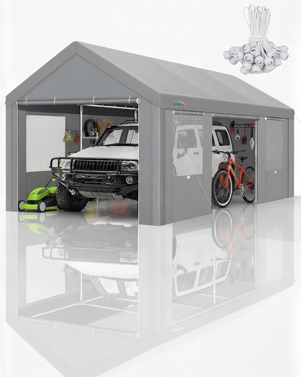 image:imageCOBIZI 10x20 Carport Heavy Duty Car Canopy Portable Garage Car Tent Garage Outdoor Shelter Upgrade Waterproof amp UV Protected with Windproof Ropes amp Builtin Sandbags for Cars Trucks and Boats GrayGray