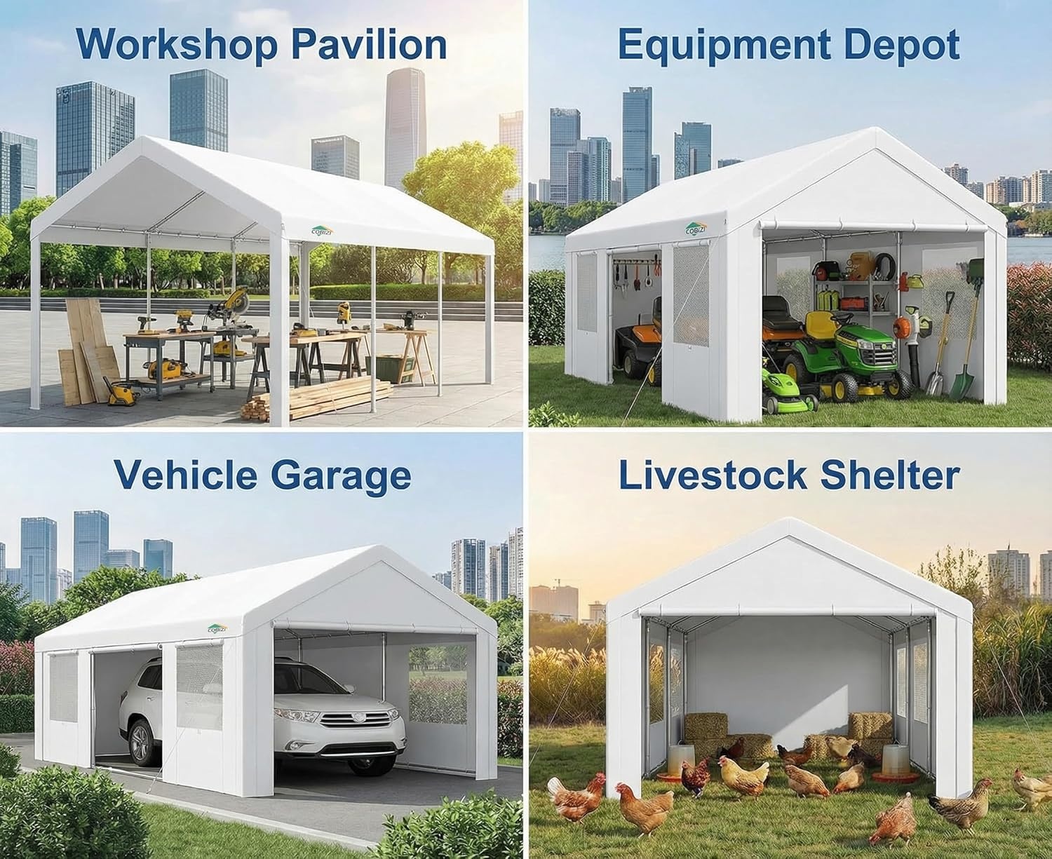 image:imageCOBIZI 10x20 Carport Heavy Duty Car Canopy Portable Garage Car Tent Garage Outdoor Shelter Upgrade Waterproof amp UV Protected with Windproof Ropes amp Builtin Sandbags for Cars Trucks and Boats GrayWhite