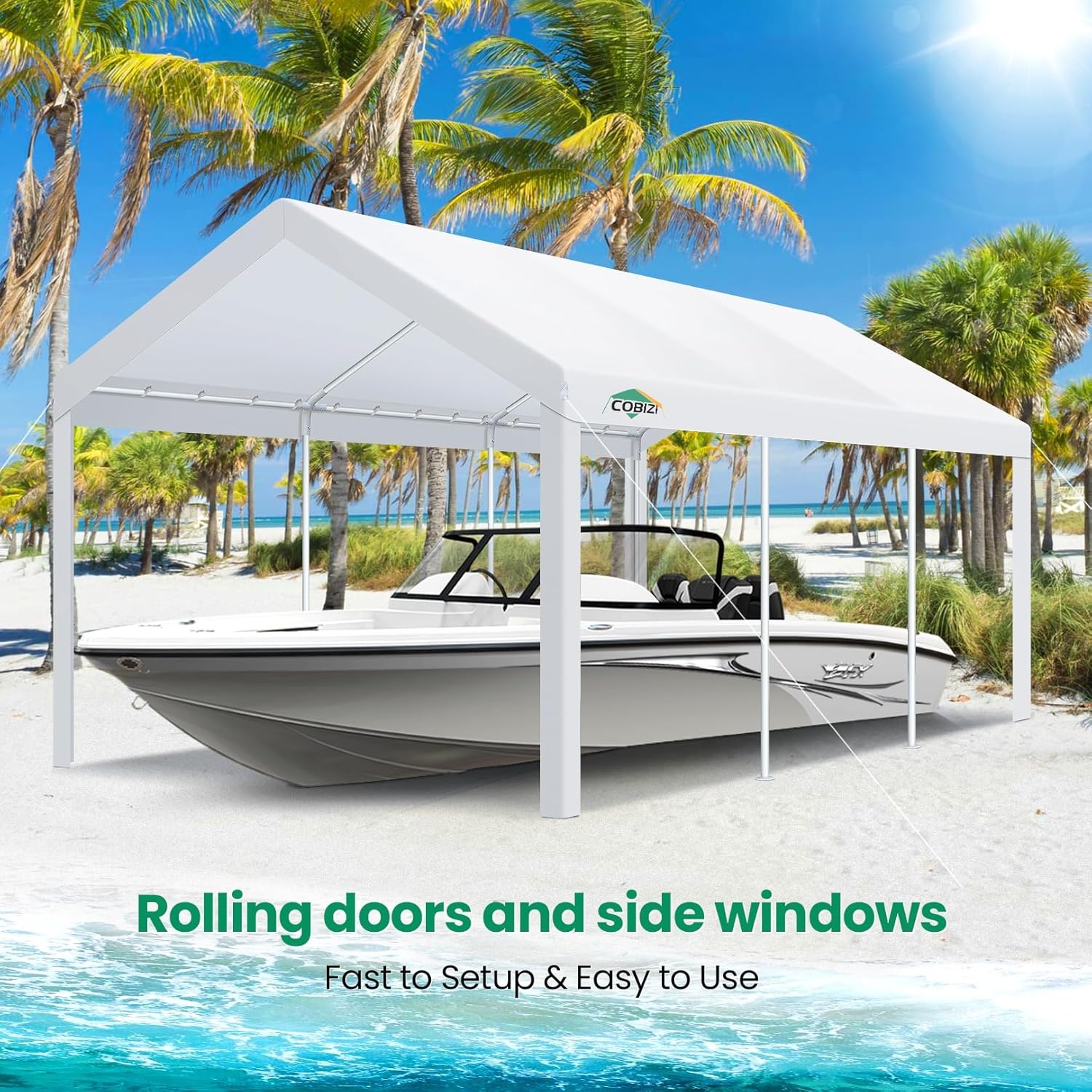 image:imageCOBIZI 10x20 Carport Heavy Duty Car Canopy Portable Garage Car Tent Garage Outdoor Shelter Upgrade Waterproof amp UV Protected with Windproof Ropes amp Builtin Sandbags for Cars Trucks and Boats GrayPure White