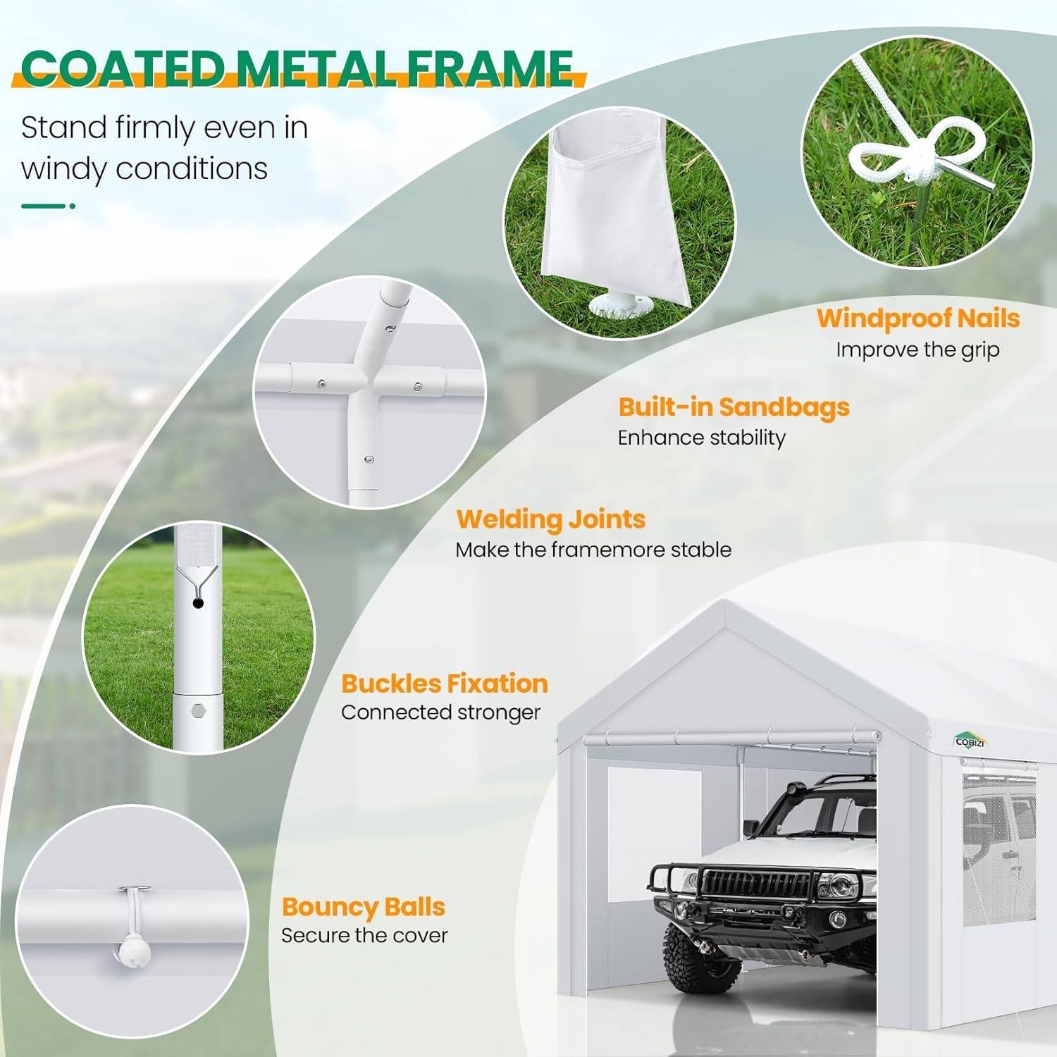 image:imageCOBIZI 10x20 Carport Heavy Duty Car Canopy Portable Garage Car Tent Garage Outdoor Shelter Upgrade Waterproof amp UV Protected with Windproof Ropes amp Builtin Sandbags for Cars Trucks and Boats GrayWhite