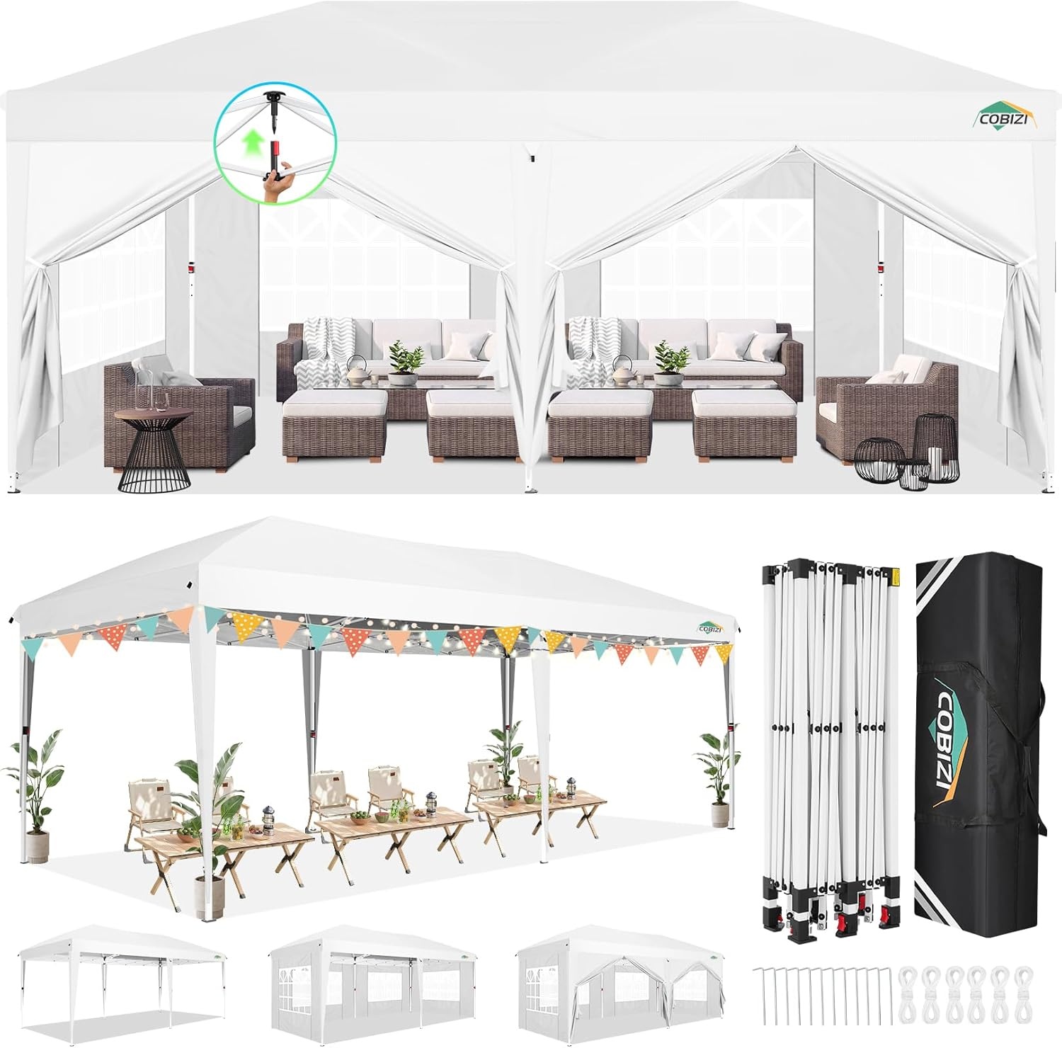image:imageCOBIZI 10x20 FT Pop up Canopy Tent with Sidewalls Party Tents for Parties Carpas para Fiestas Easy Set Large Outdoor Popup Patio Gazebo for BackyardWeddingsVendorCommercial EventWhite UpgradeWHITE