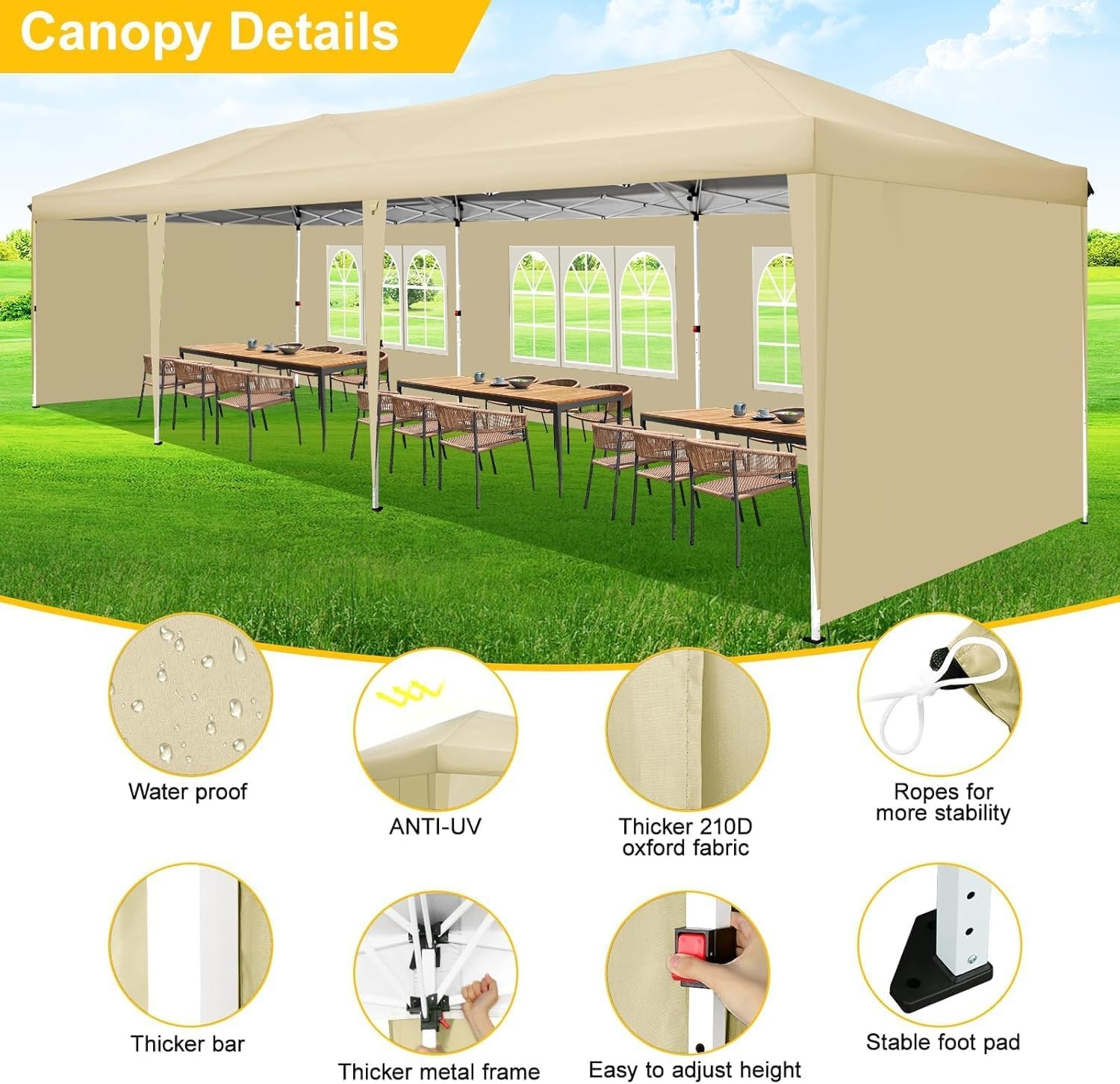 image:imageCOBIZI 10x20 FT Pop up Canopy Tent with Sidewalls Party Tents for Parties Carpas para Fiestas Easy Set Large Outdoor Popup Patio Gazebo for BackyardWeddingsVendorCommercial EventWhite UpgradeKhaki