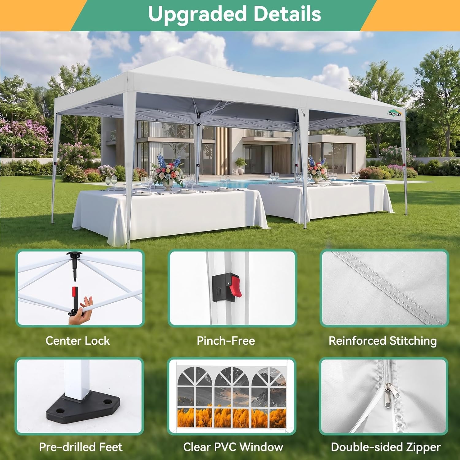 image:imageCOBIZI 10x20 FT Pop up Canopy Tent with Sidewalls Party Tents for Parties Carpas para Fiestas Easy Set Large Outdoor Popup Patio Gazebo for BackyardWeddingsVendorCommercial EventWhite UpgradeWHITE