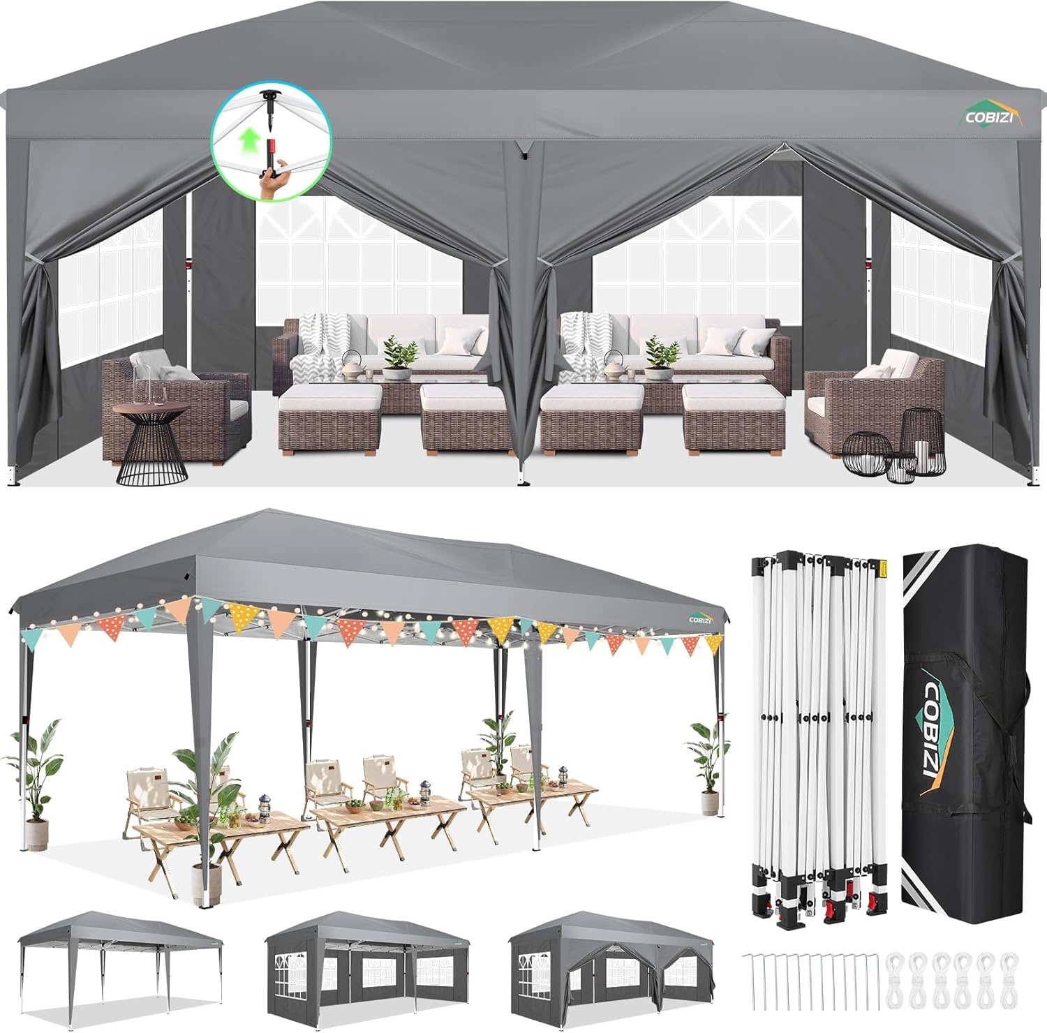 image:imageCOBIZI 10x20 FT Pop up Canopy Tent with Sidewalls Party Tents for Parties Carpas para Fiestas Easy Set Large Outdoor Popup Patio Gazebo for BackyardWeddingsVendorCommercial EventWhite UpgradeGray