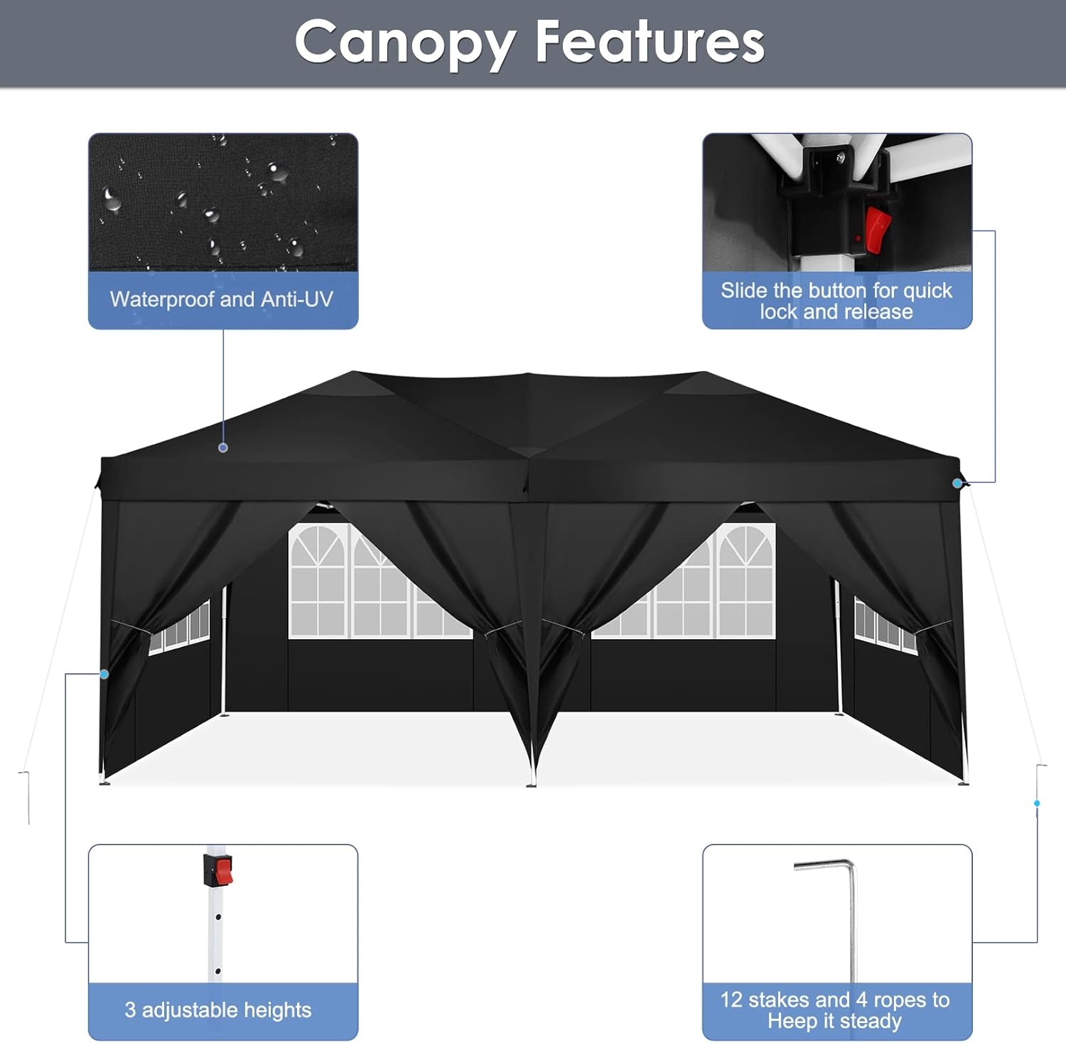 image:imageCOBIZI 10x20 FT Pop up Canopy Tent with Sidewalls Party Tents for Parties Carpas para Fiestas Easy Set Large Outdoor Popup Patio Gazebo for BackyardWeddingsVendorCommercial EventWhite UpgradeBlack