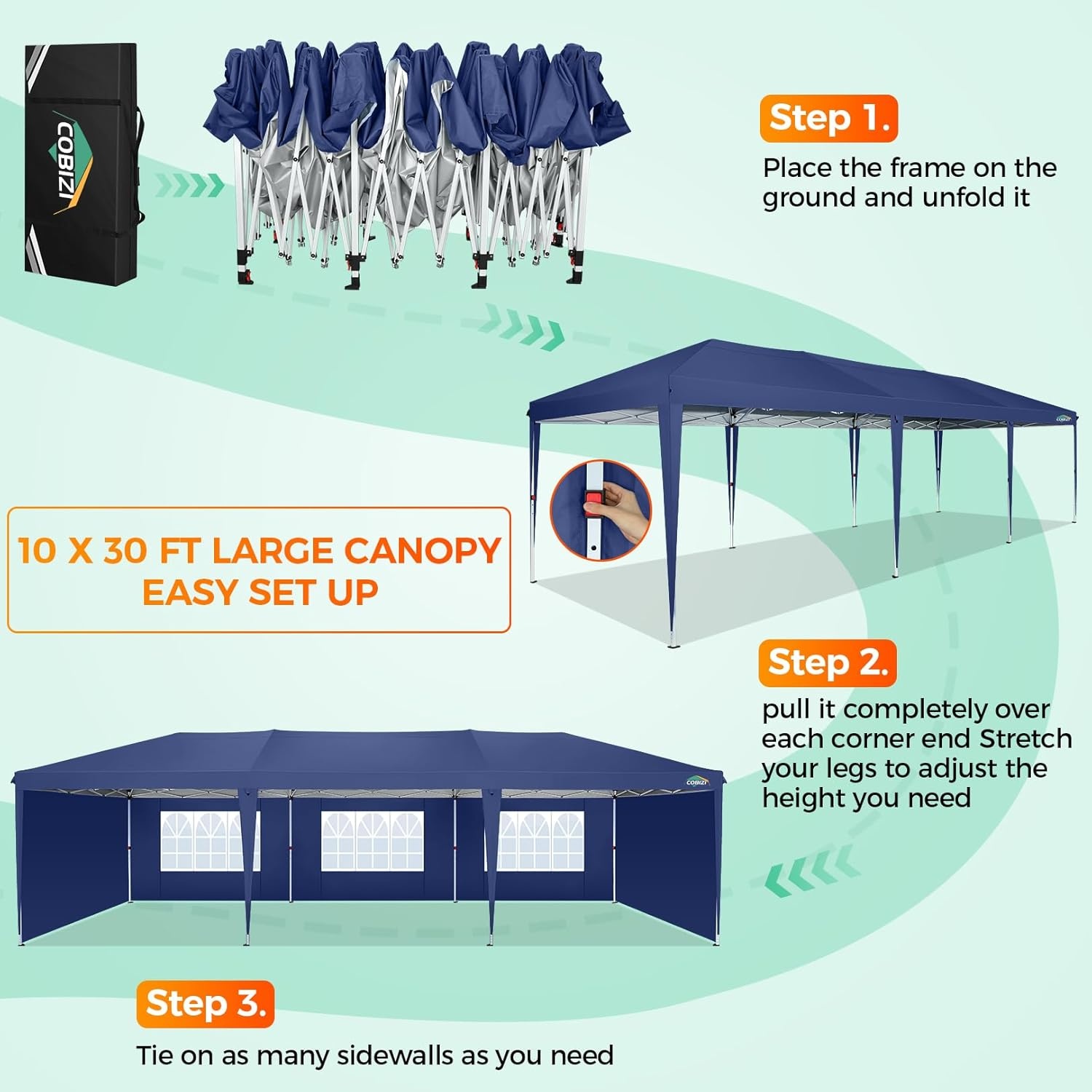image:imageCOBIZI 10x20 FT Pop up Canopy Tent with Sidewalls Party Tents for Parties Carpas para Fiestas Easy Set Large Outdoor Popup Patio Gazebo for BackyardWeddingsVendorCommercial EventWhite UpgradeNavy Blue
