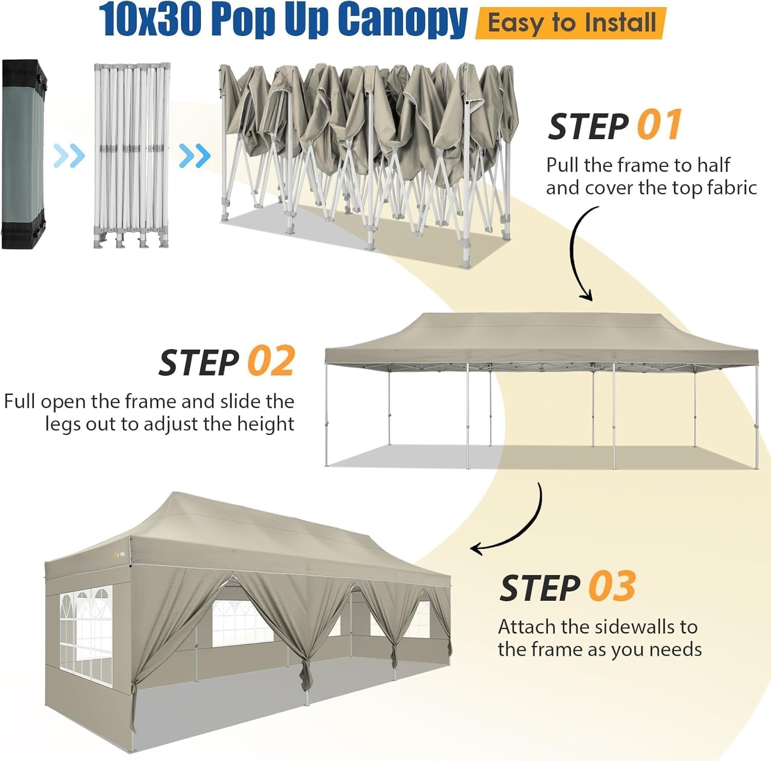 image:imageCOBIZI 10x30 Heavy Duty Pop up Canopy Tent for Parties with 8 SidewallsHexagonal Frame Easy Setup Outdoor Commercial Gazebo for Wedding Event with Portable Bag amp Sand Bags Khaki