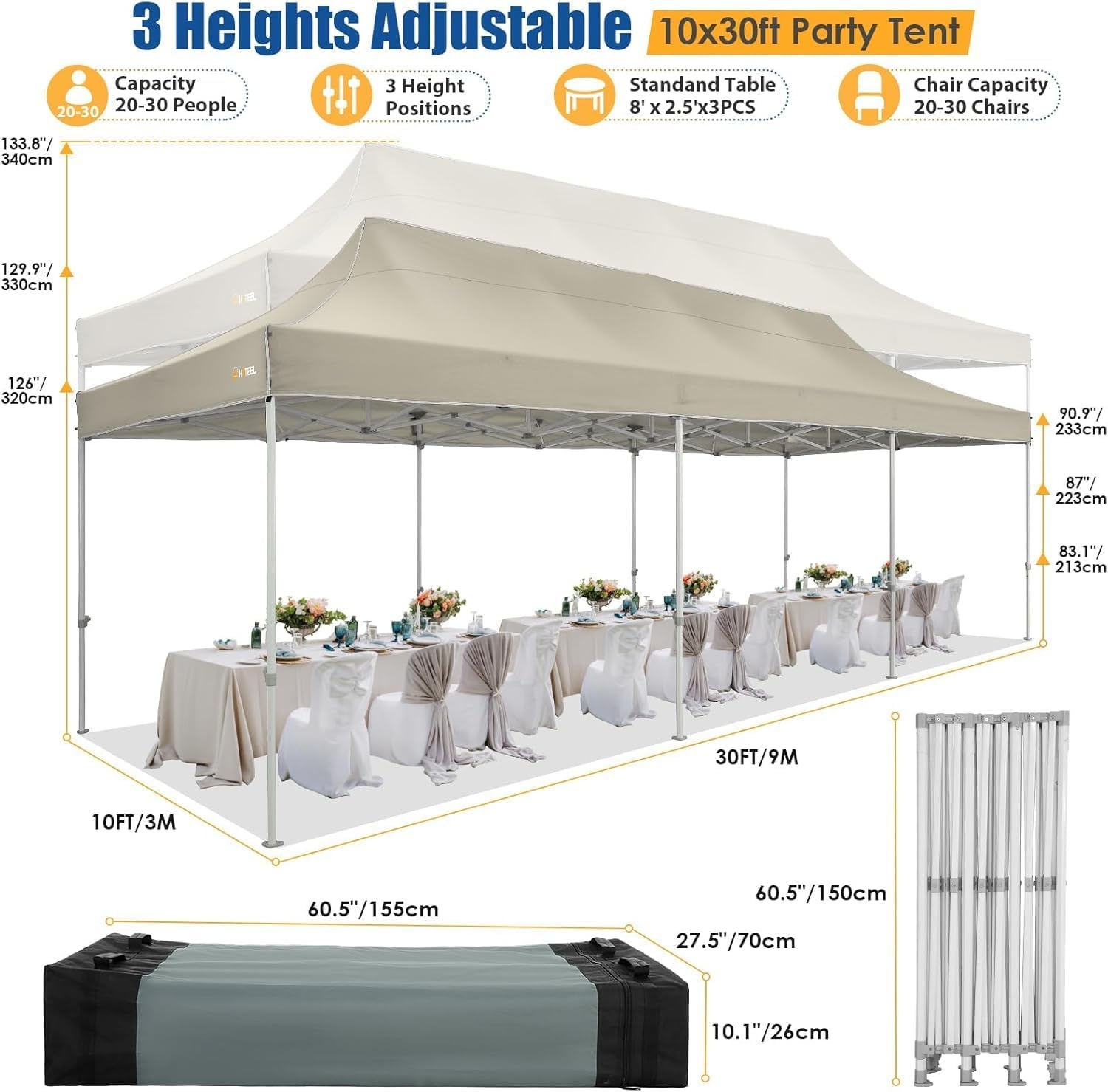 image:imageCOBIZI 10x30 Heavy Duty Pop up Canopy Tent for Parties with 8 SidewallsHexagonal Frame Easy Setup Outdoor Commercial Gazebo for Wedding Event with Portable Bag amp Sand Bags Khaki