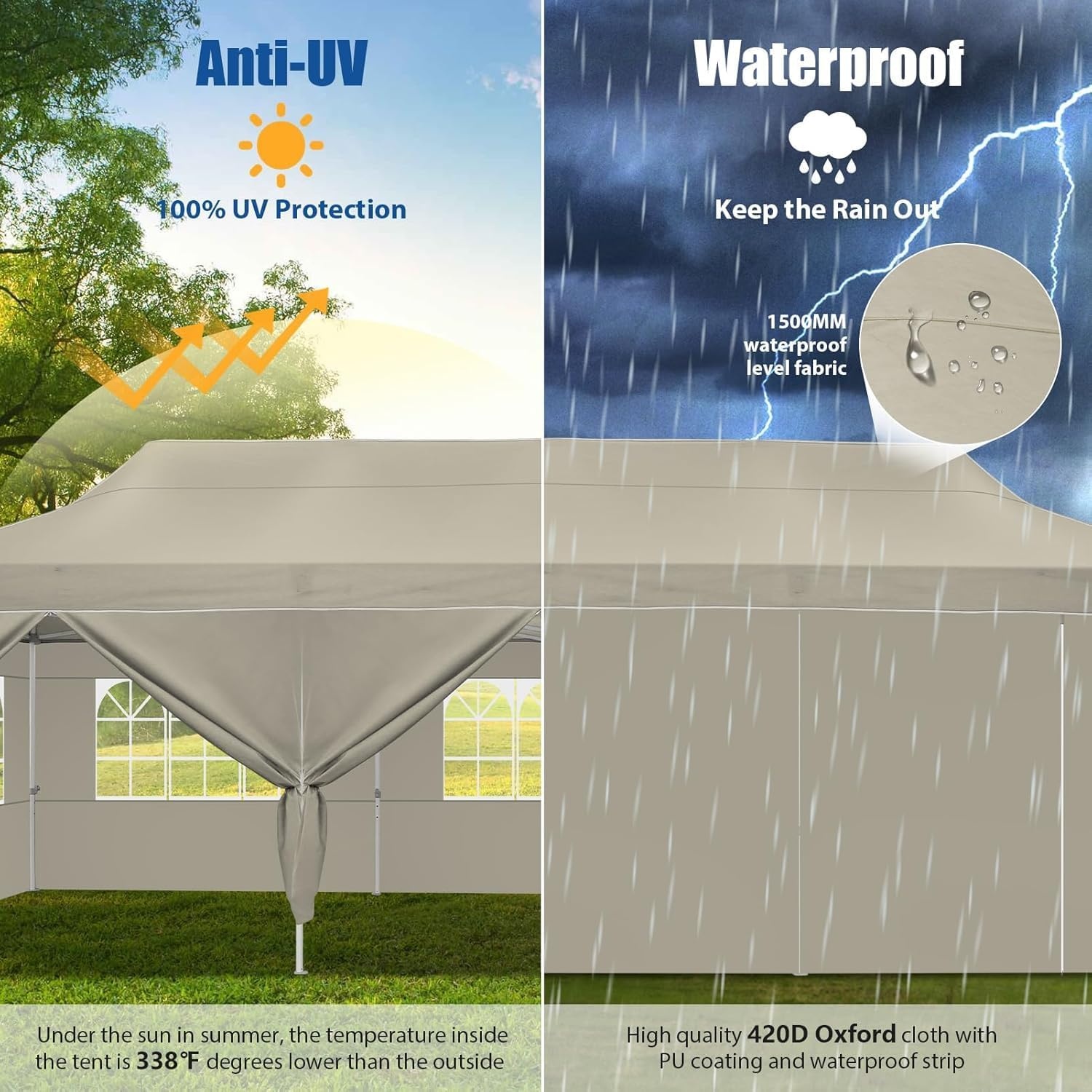 image:imageCOBIZI 10x30 Heavy Duty Pop up Canopy Tent for Parties with 8 SidewallsHexagonal Frame Easy Setup Outdoor Commercial Gazebo for Wedding Event with Portable Bag amp Sand Bags Khaki