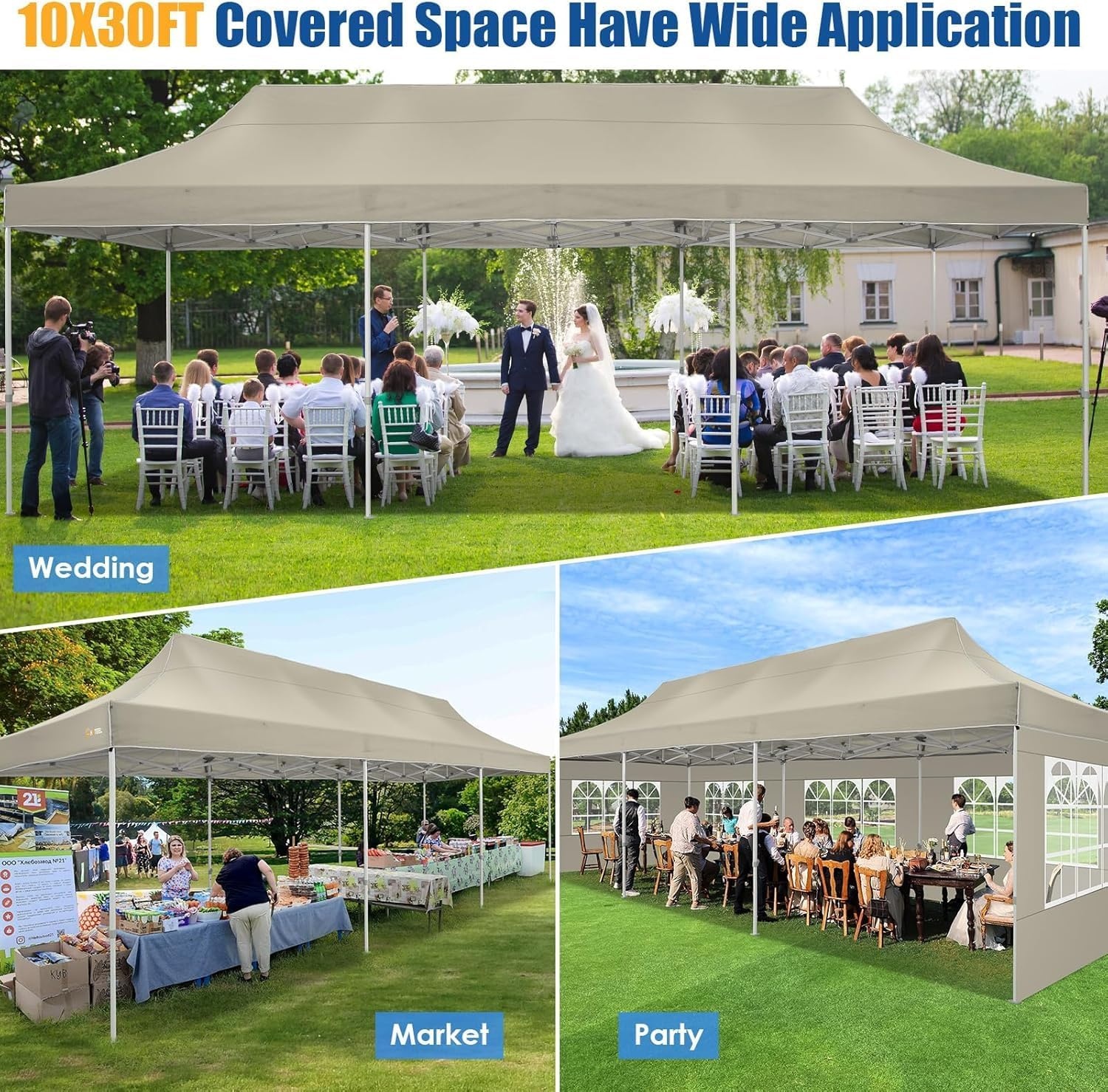 image:imageCOBIZI 10x30 Heavy Duty Pop up Canopy Tent for Parties with 8 SidewallsHexagonal Frame Easy Setup Outdoor Commercial Gazebo for Wedding Event with Portable Bag amp Sand Bags Khaki