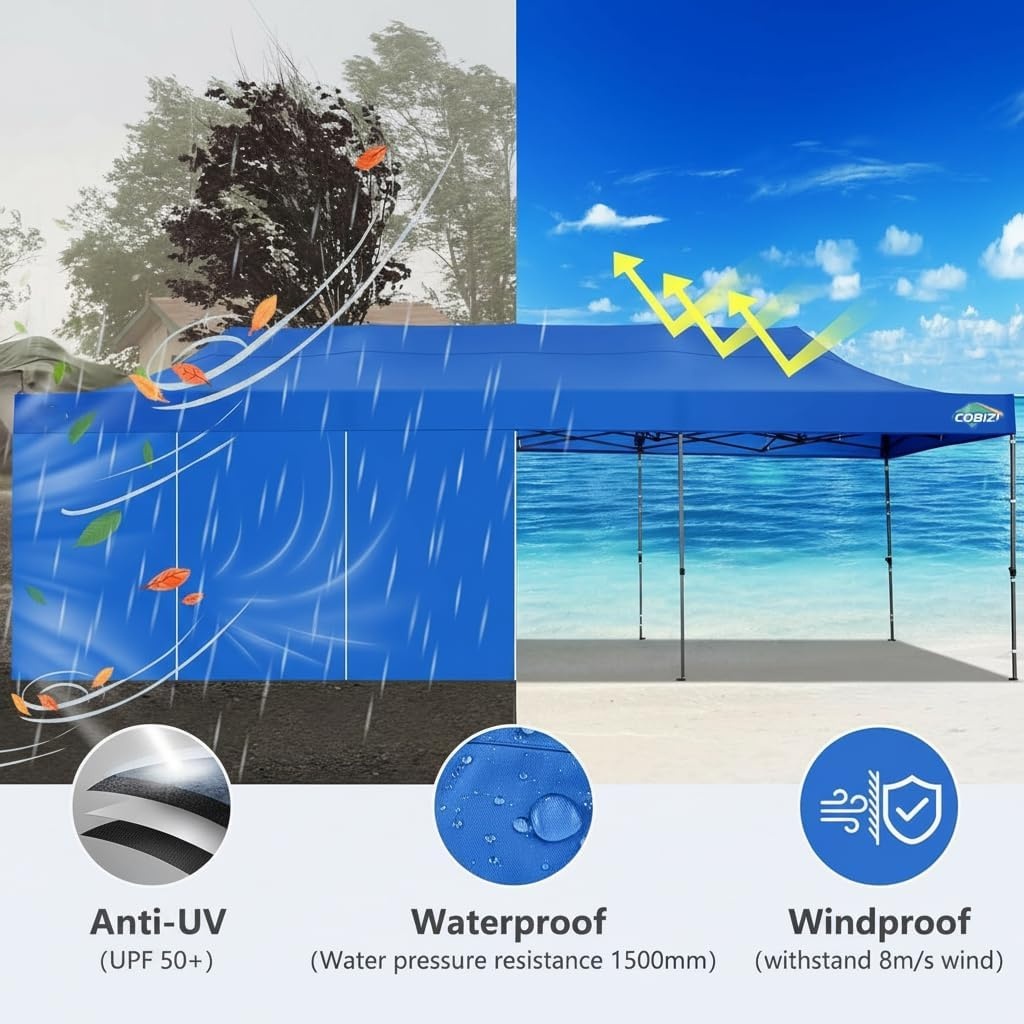 image:imageCOBIZI 10x30 Pop up Canopy Heavy Duty Outdoor Extra Thick Frame Tents with 8 sidewalls for Parties UPF 50 Waterproof Commercial Gazebo with Roller Bag BlueWindproof Upgraded