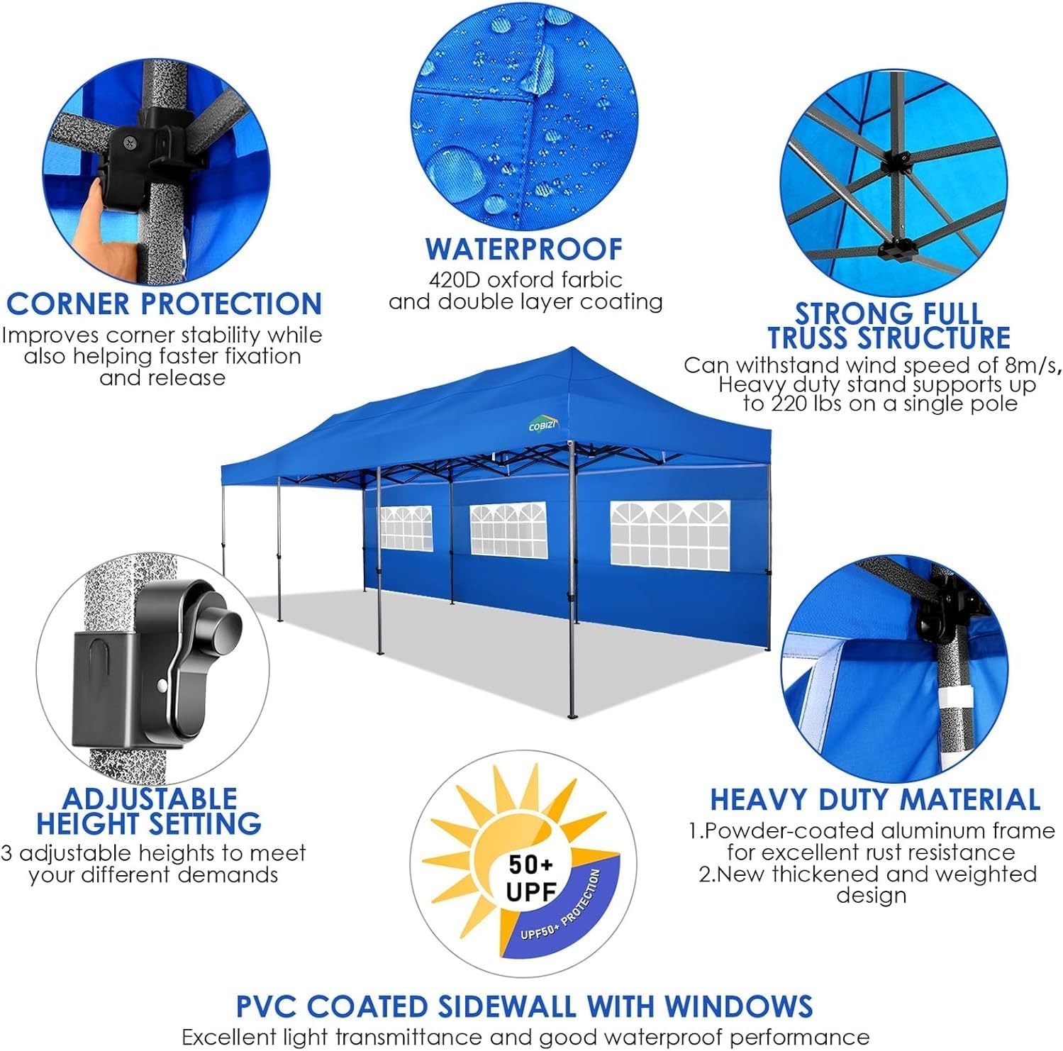 image:imageCOBIZI 10x30 Pop up Canopy Heavy Duty Outdoor Extra Thick Frame Tents with 8 sidewalls for Parties UPF 50 Waterproof Commercial Gazebo with Roller Bag BlueWindproof Upgraded