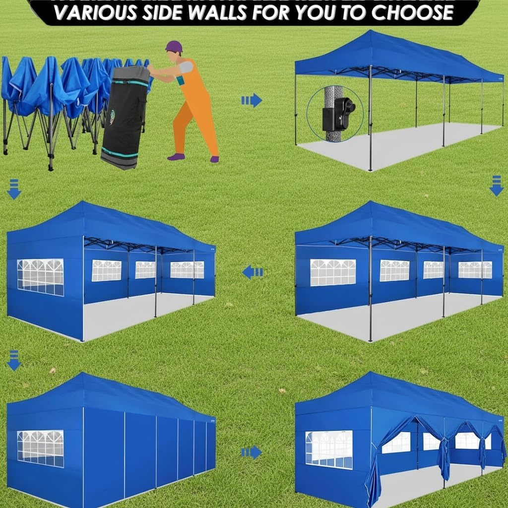 image:imageCOBIZI 10x30 Pop up Canopy Heavy Duty Outdoor Extra Thick Frame Tents with 8 sidewalls for Parties UPF 50 Waterproof Commercial Gazebo with Roller Bag BlueWindproof Upgraded
