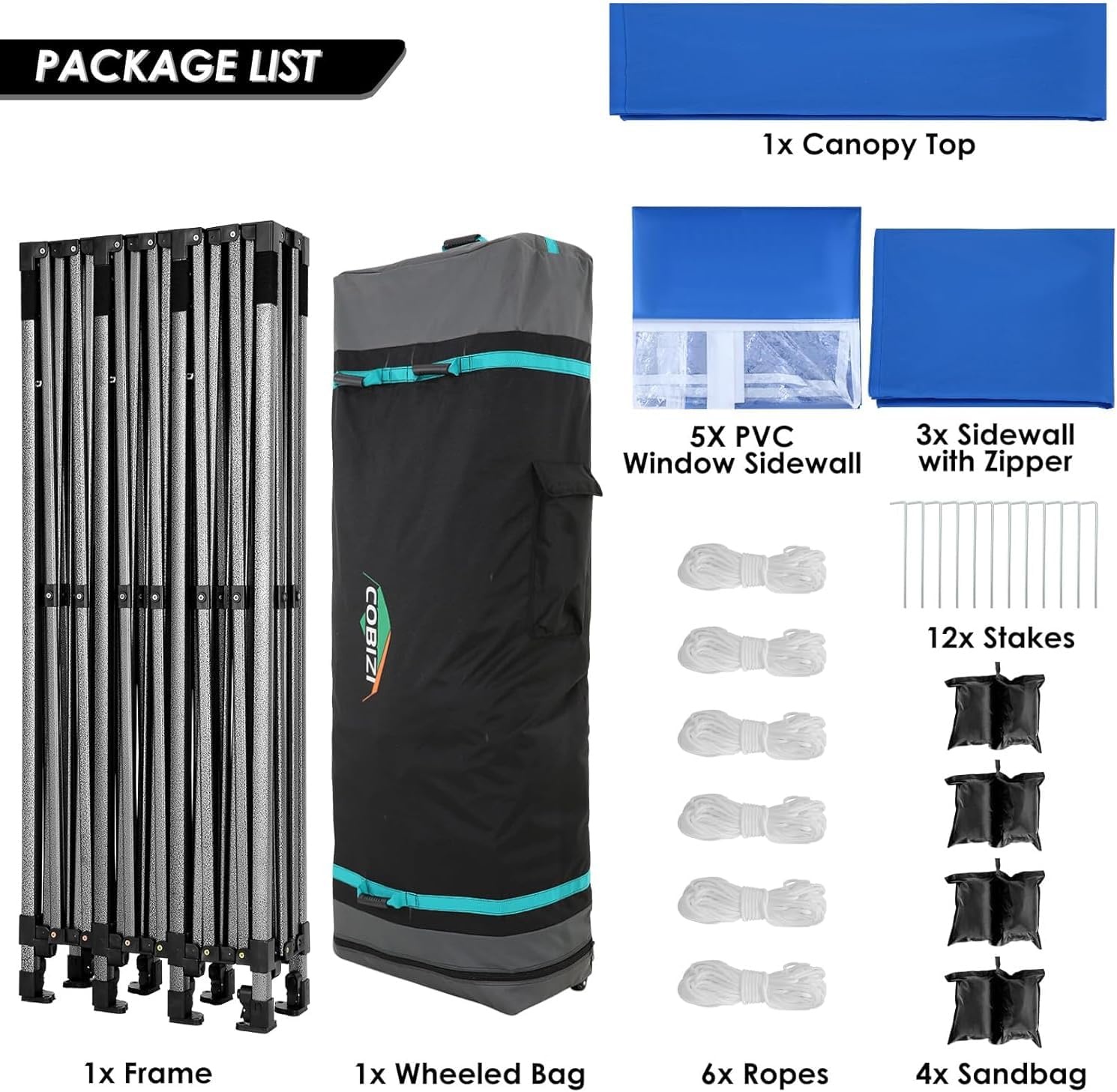 image:imageCOBIZI 10x30 Pop up Canopy Heavy Duty Outdoor Extra Thick Frame Tents with 8 sidewalls for Parties UPF 50 Waterproof Commercial Gazebo with Roller Bag BlueWindproof Upgraded