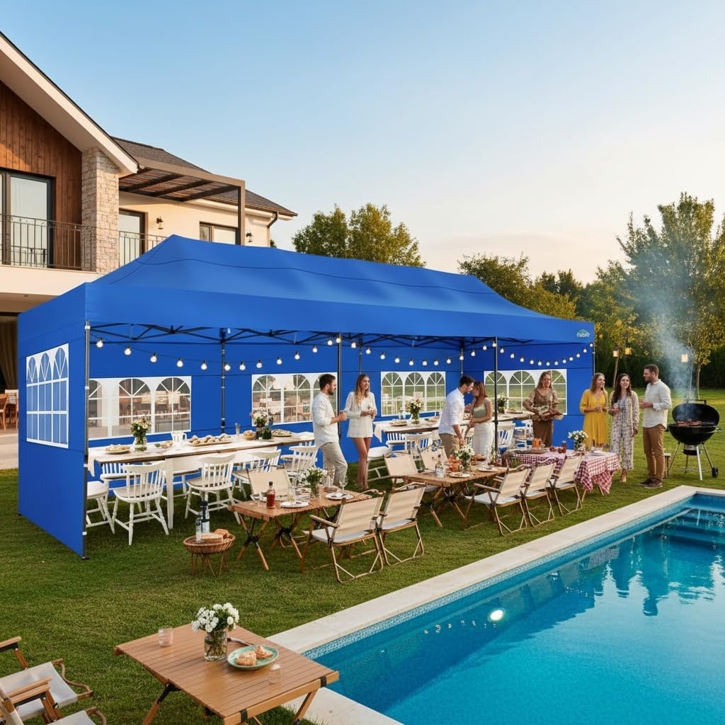 image:imageCOBIZI 10x30 Pop up Canopy Heavy Duty Outdoor Extra Thick Frame Tents with 8 sidewalls for Parties UPF 50 Waterproof Commercial Gazebo with Roller Bag BlueWindproof Upgraded