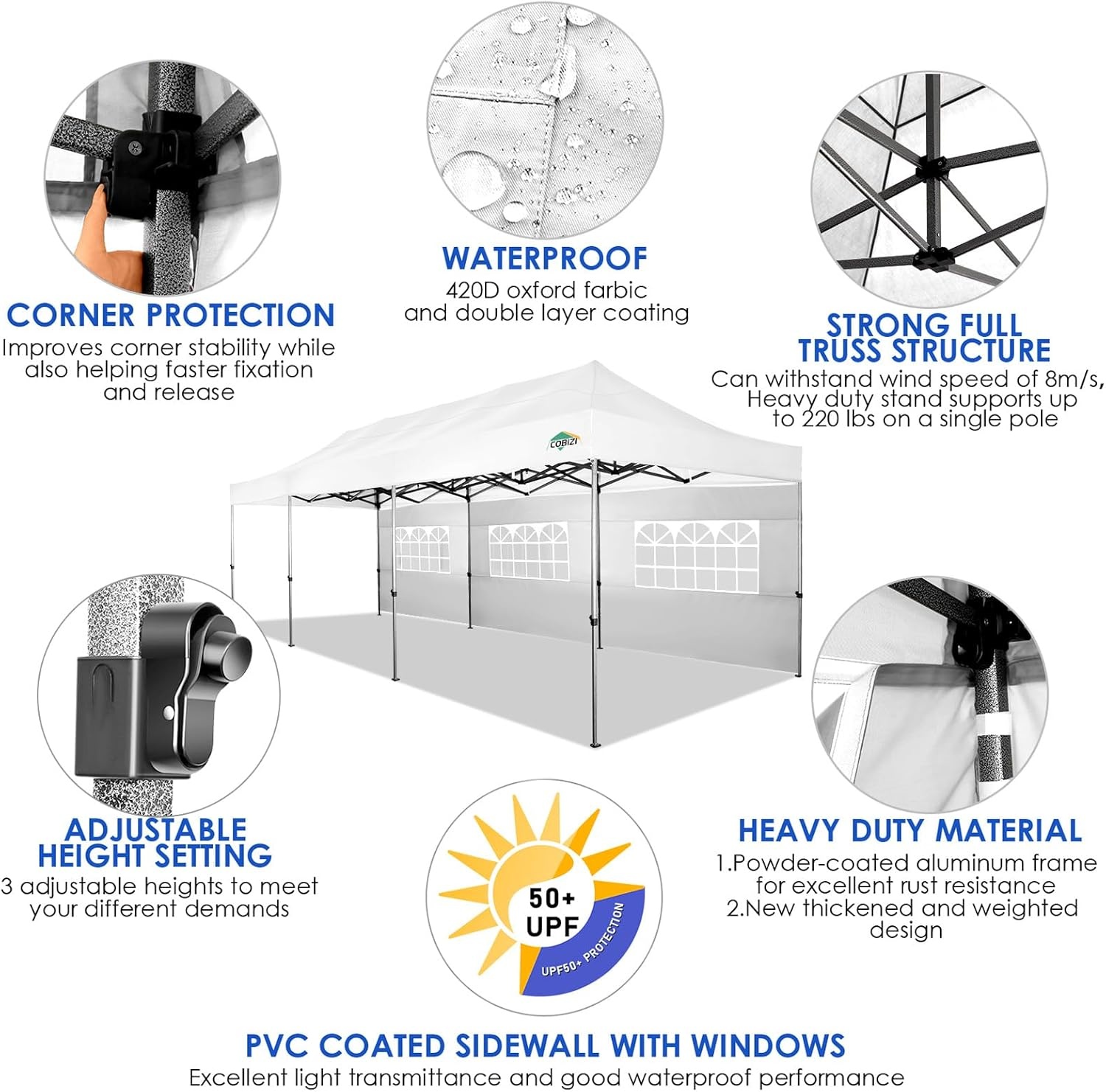 image:imageCOBIZI 10x30 Pop up Canopy Tent 10x30 Canopy with Sidewalls Heavy Duty Party Tent Tents for Parties Foldable UPF 50 Waterproof Commercial Easy up Canopy with Roller Bag WhiteWindproof Upgraded