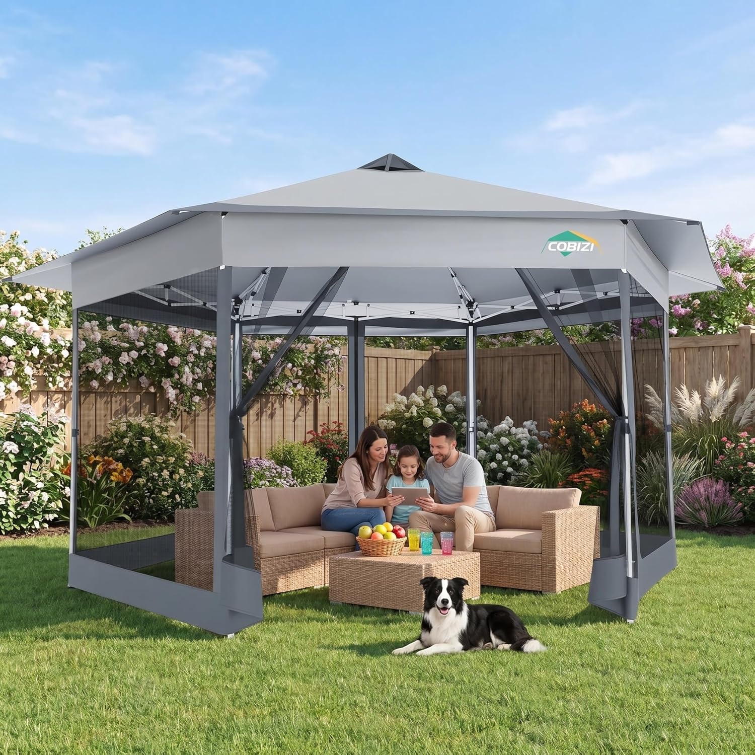 image:imageCOBIZI 16x16 Pop Up Gazebo Tent with Mosquito Netting Gazebos on Clearance Hexagonal Outdoor Canopy Shelter Patented Center Lock 6Sided Portable Gazebos Pop Up Canopy Tent for Backyard GrayWhite