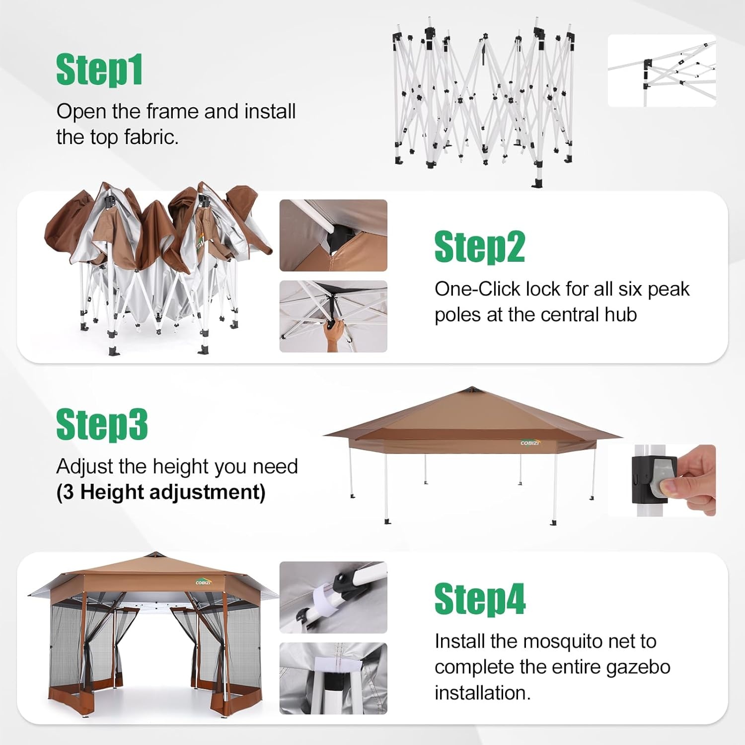 image:imageCOBIZI 16x16 Pop Up Gazebo Tent with Mosquito Netting Gazebos on Clearance Hexagonal Outdoor Canopy Shelter Patented Center Lock 6Sided Portable Gazebos Pop Up Canopy Tent for Backyard GrayBROWN