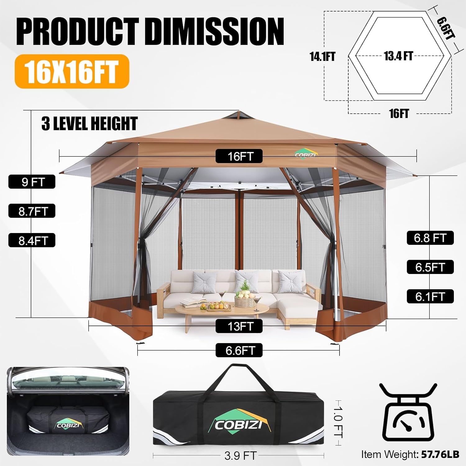 image:imageCOBIZI 16x16 Pop Up Gazebo Tent with Mosquito Netting Gazebos on Clearance Hexagonal Outdoor Canopy Shelter Patented Center Lock 6Sided Portable Gazebos Pop Up Canopy Tent for Backyard GrayBROWN